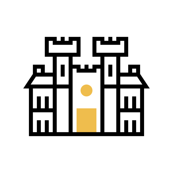A simple digital icon of a castle with towers, a door, and a flag in black and gold colors.