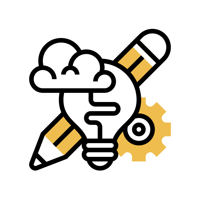 Illustration of a human hand holding a light bulb with a cloud inside, a pencil crossing behind the light bulb, and a gear in the background, representing creativity, ideas, and innovation.
