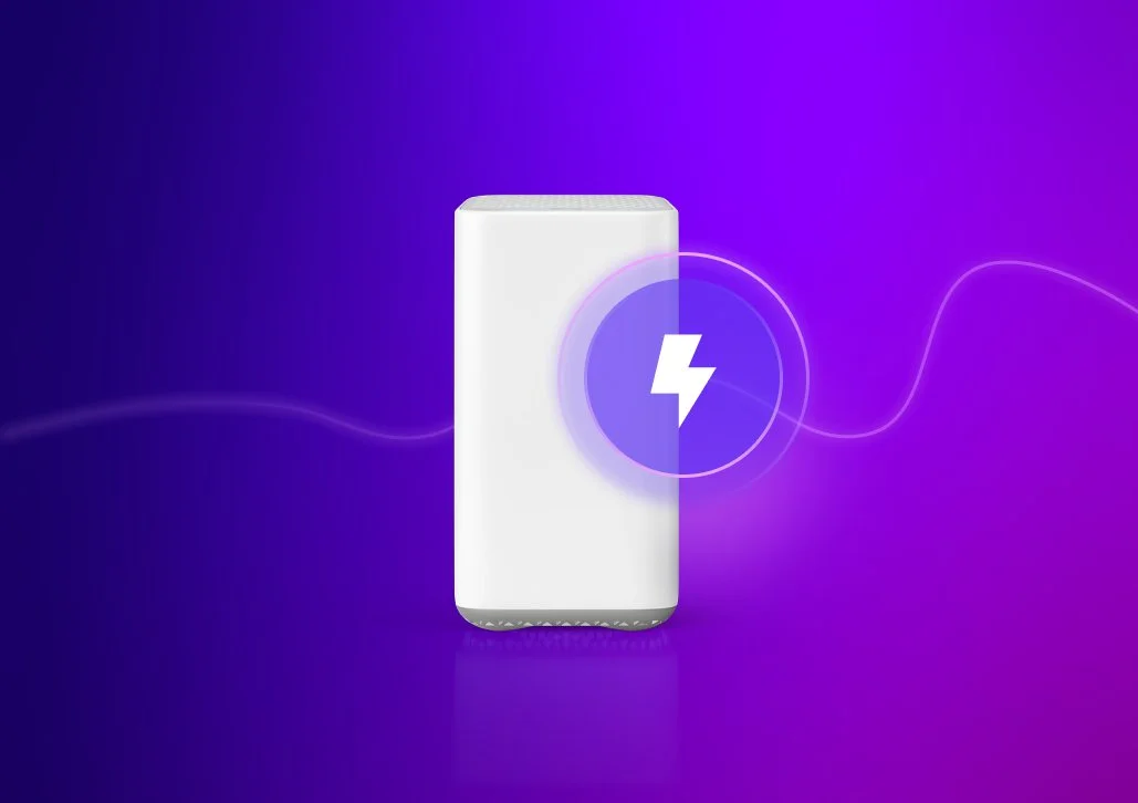A white power bank with a purple lightning bolt symbol surrounded by glowing circles, set against a purple gradient background with light purple lines.
