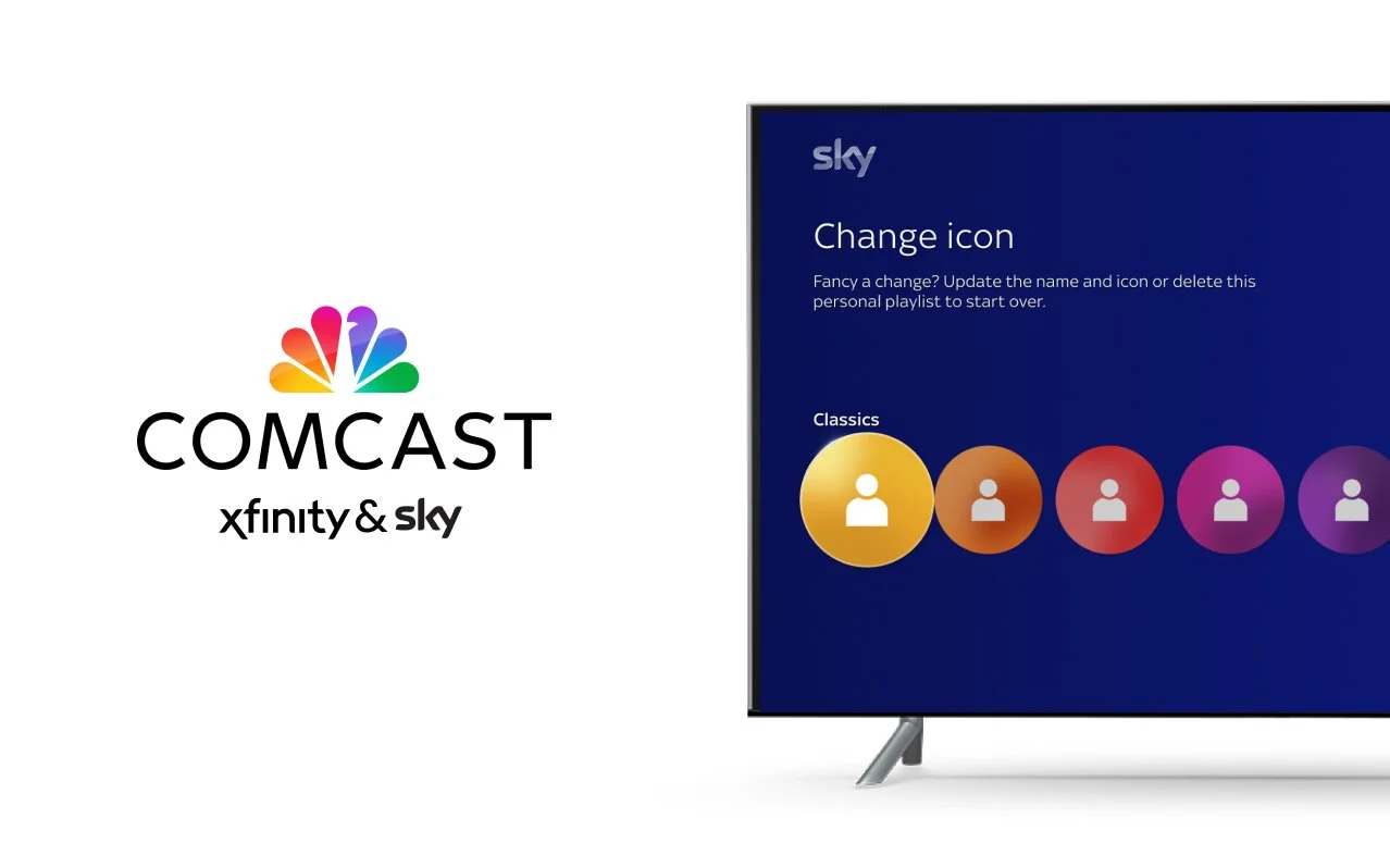 Comcast Xfinity and Sky logo on the left, television screen on the right displaying options to change user profile icons, with a blue background and circular icons in various colors.