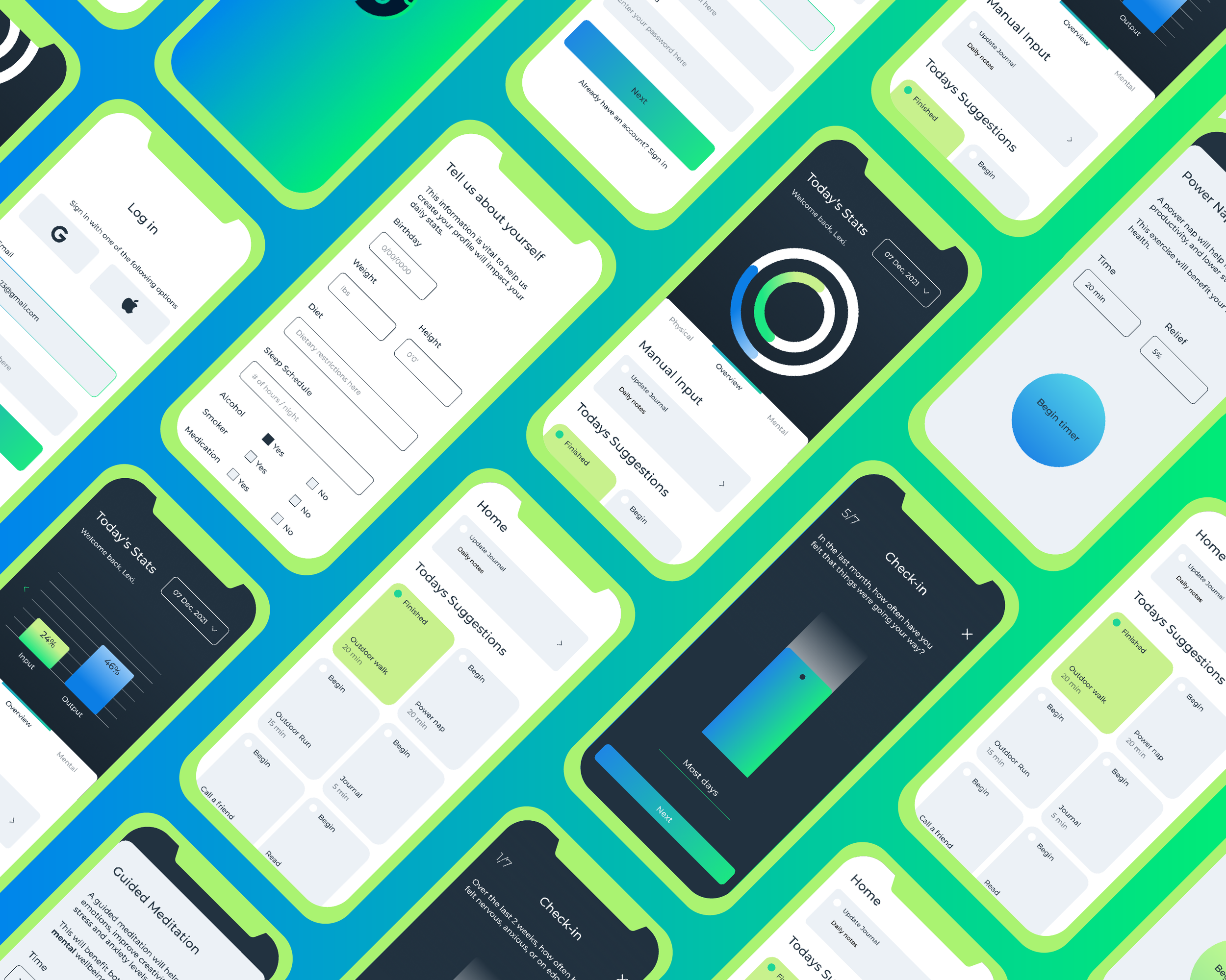 A collage of multiple smartphone screens displaying various health and wellness app interfaces, including stats, suggestions, timers, and user input forms with a color scheme of blue, green, black, and white.