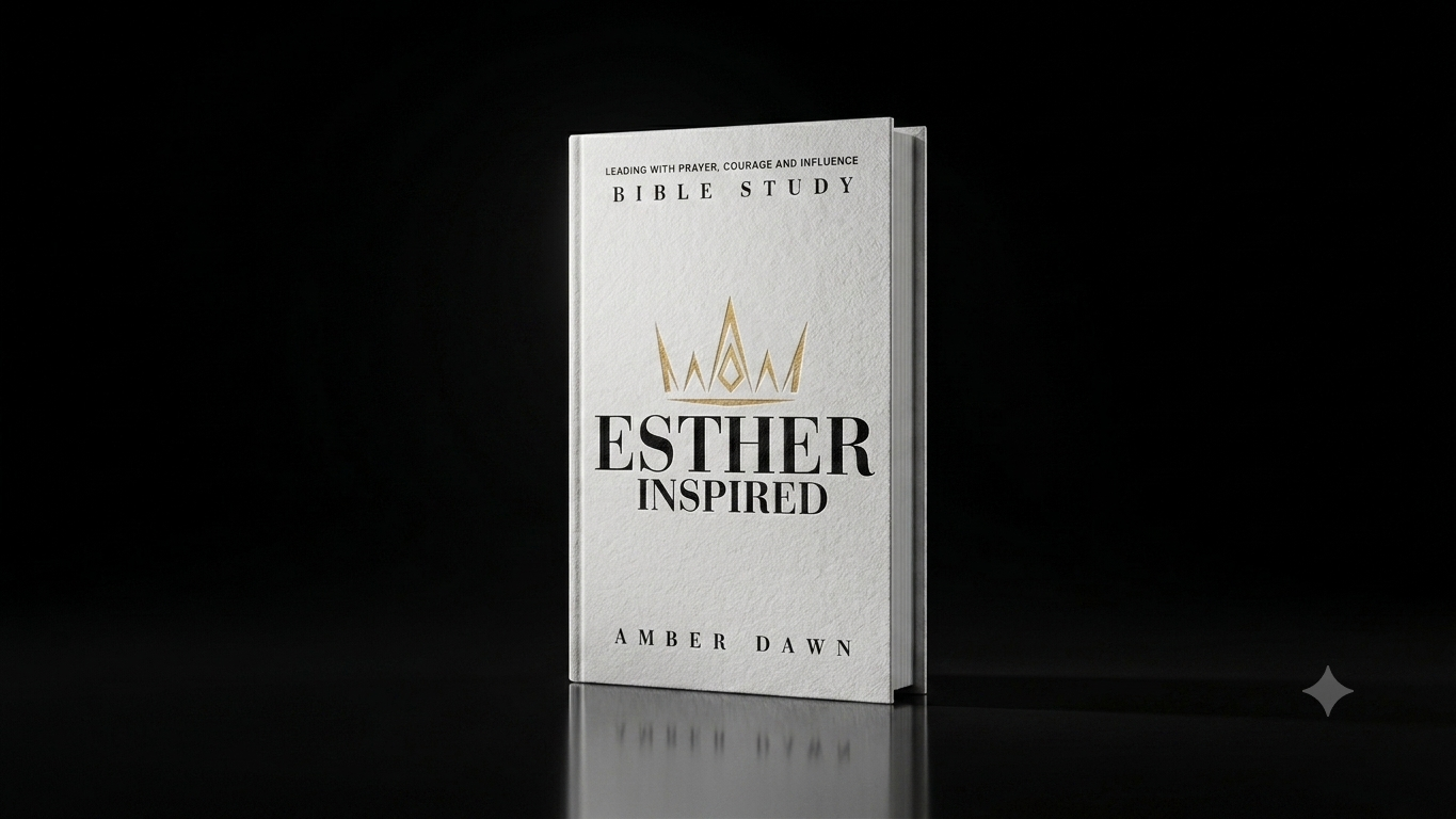 Book titled 'Esther Inspired' by Amber Dawn, with a crown graphic on the cover, set against a black background.
