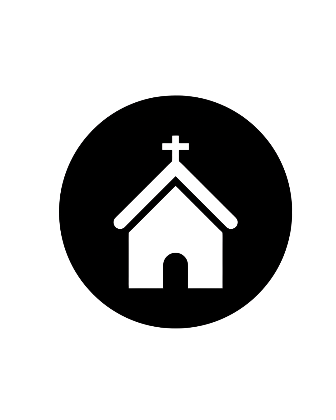 Outline of a church with a steeple topped by a cross inside a circle.