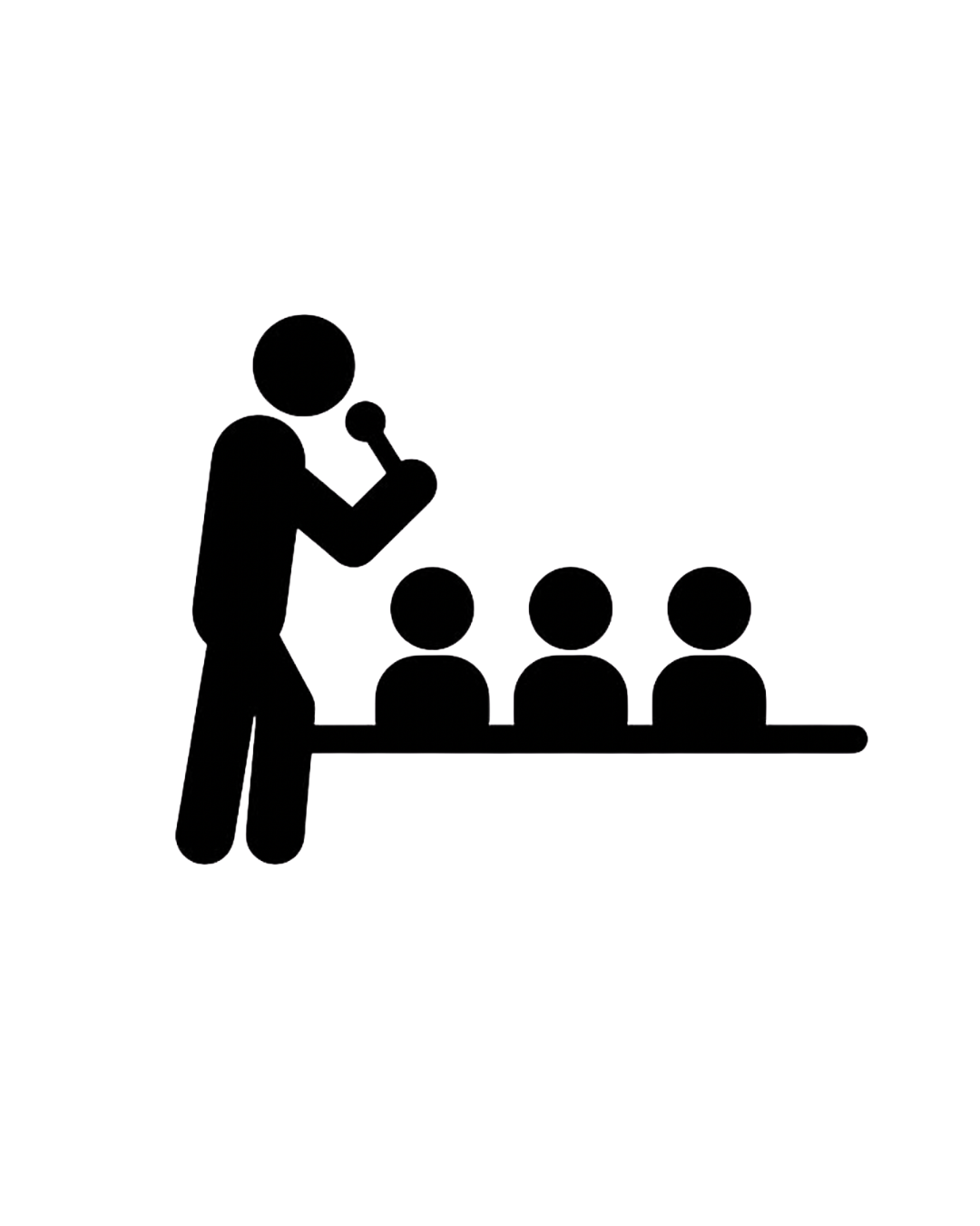 Outline illustration of a person speaking into a microphone in front of three individuals seated at a table.