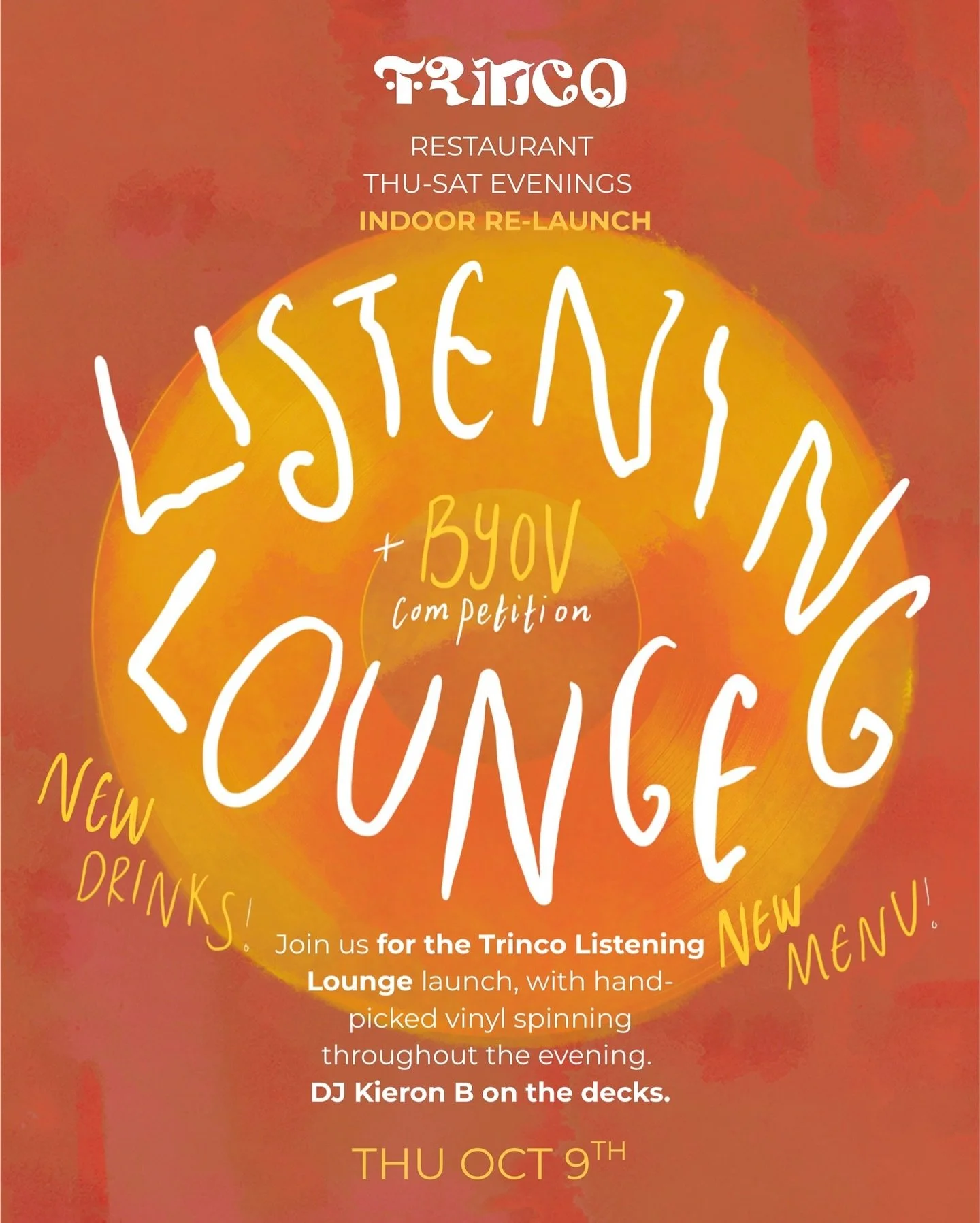NEW Trinco Sutton Listening Lounge and restaurant re-launch! 🔥

We are launching our BRAND NEW Listening Lounge 🎵 and relauncing Trinco indoors in Sutton! Join us on the 9th October from 19:00-23:00 to celebrate the launch of this new space within 