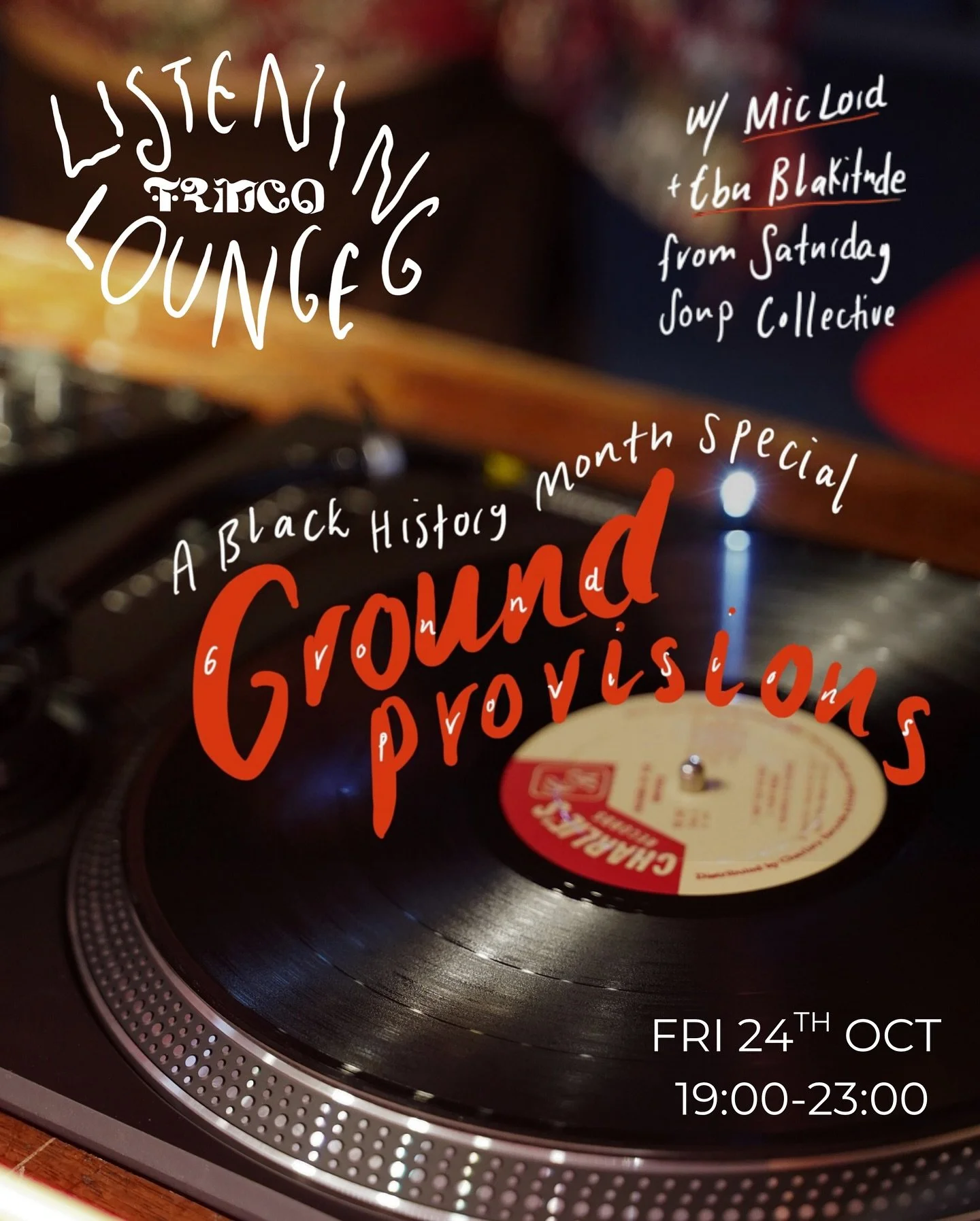 THIS FRIDAY! 🔥 To celebrate Black History Month, Trinco Nights is back this week with Ground Provisions!

Step into the living rooms of the Windrush generation for an evening where sound, story, and community meet...DJs Mic Lord &amp; Ebu Blakitude 