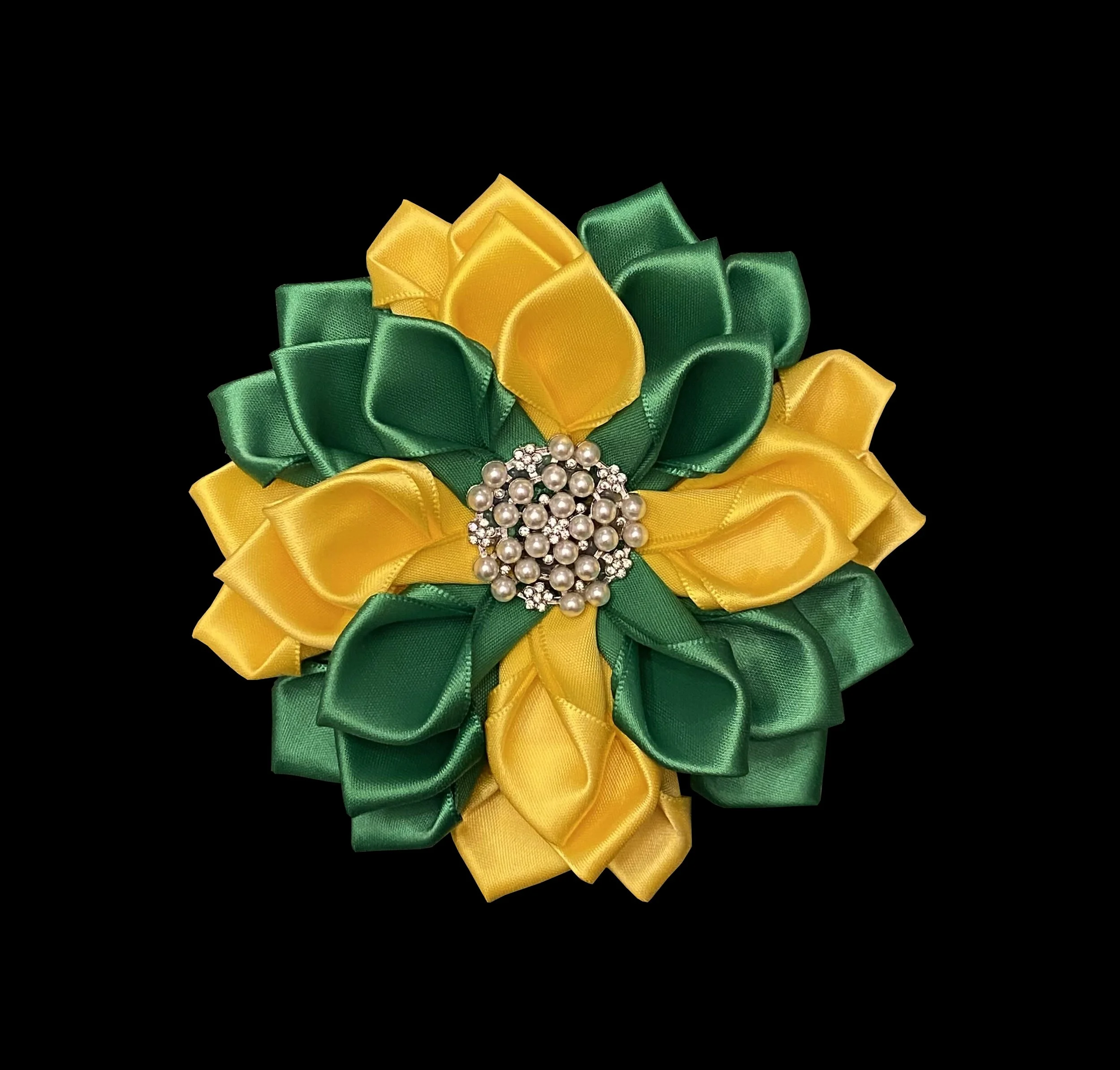 Green and Yellow Satin Flower Brooch