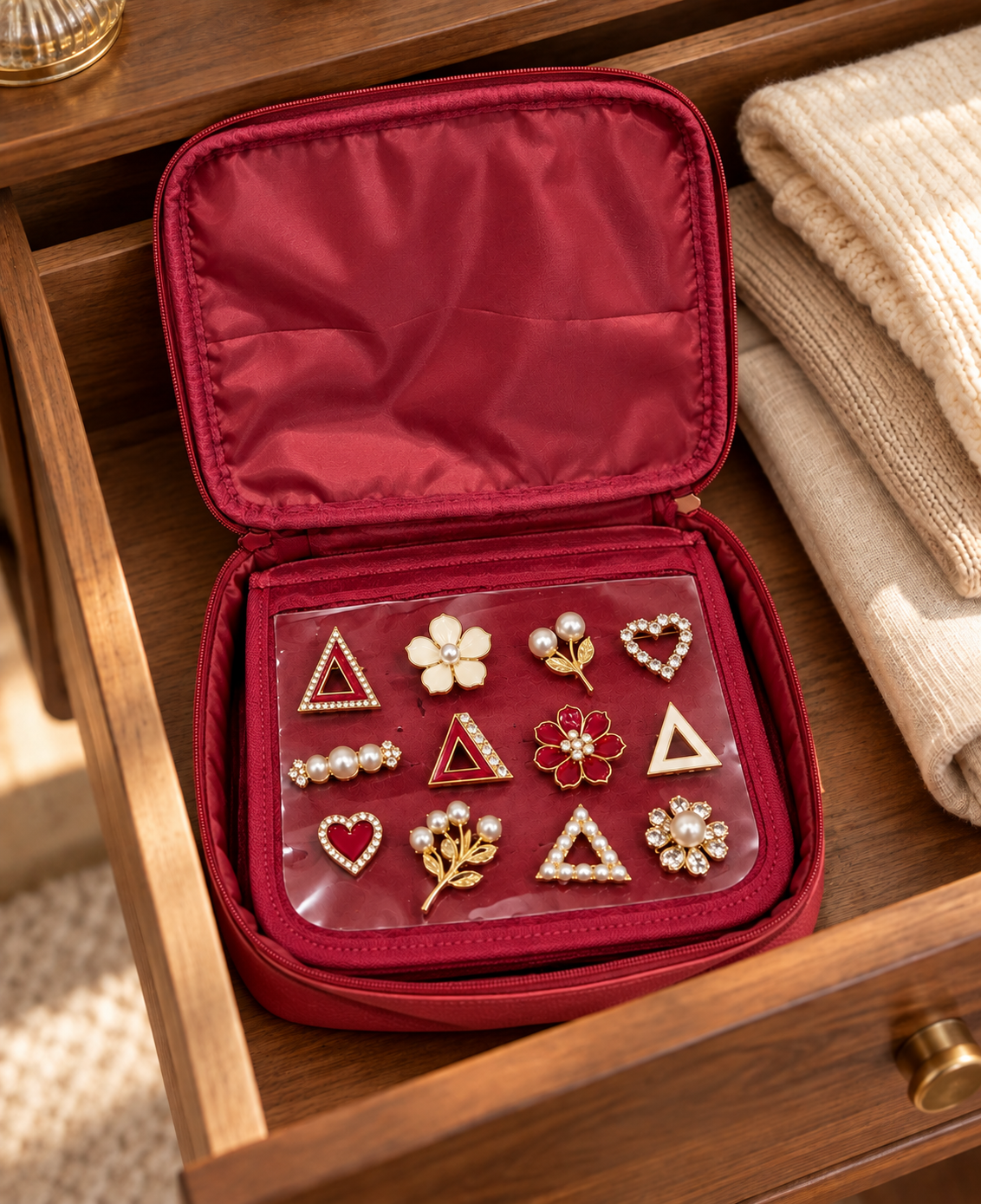 Delta Brooch Red Bag Open in Drawer.png