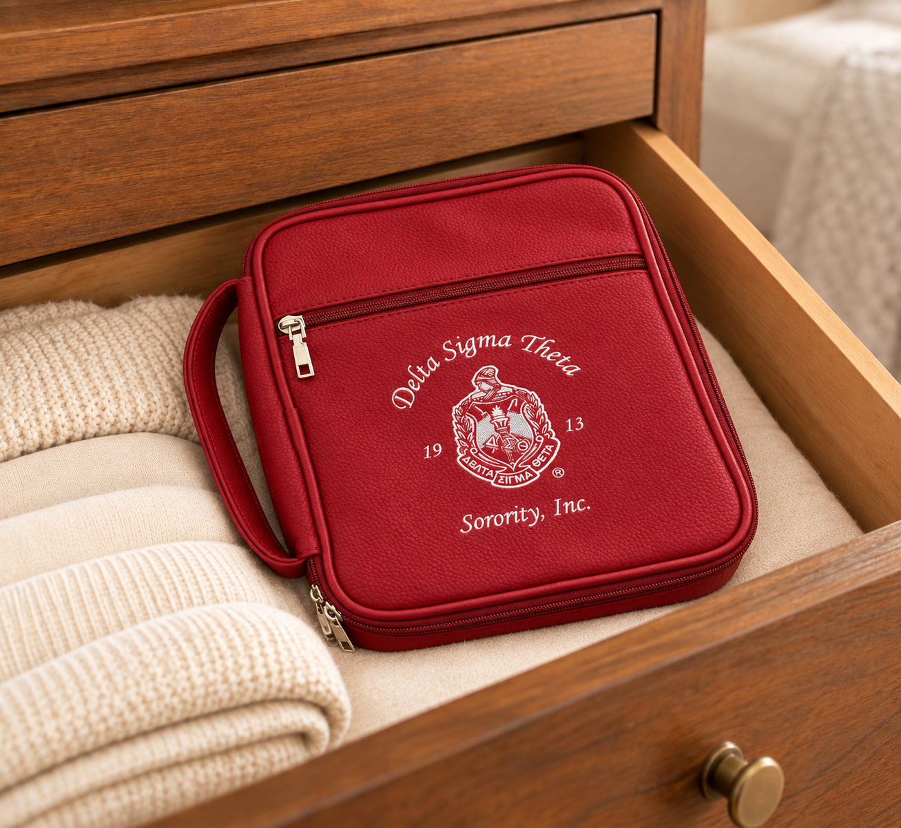 Crimson Delta Brooch Bag Red Closed in Drawer.png