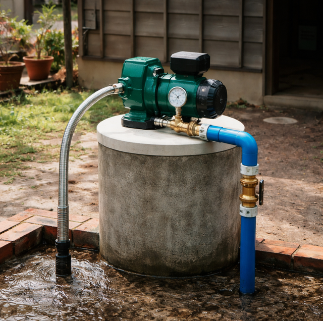 submersible well pump beside empty glass faucet