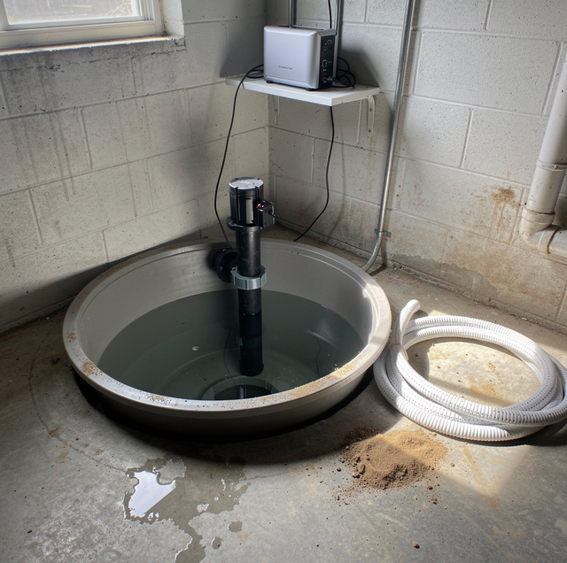 submerged sump pump in flooded basement with backup battery