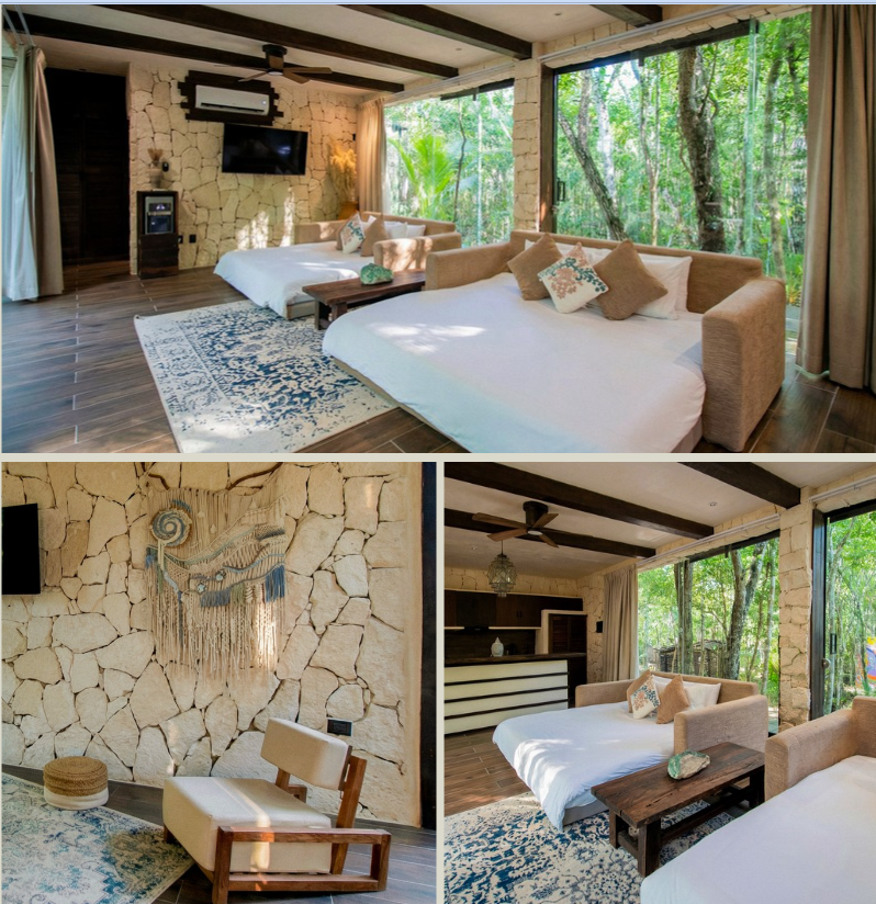 The Shared Villa Studio shown with both queen sleeper beds opened and prepared for retreat guests.