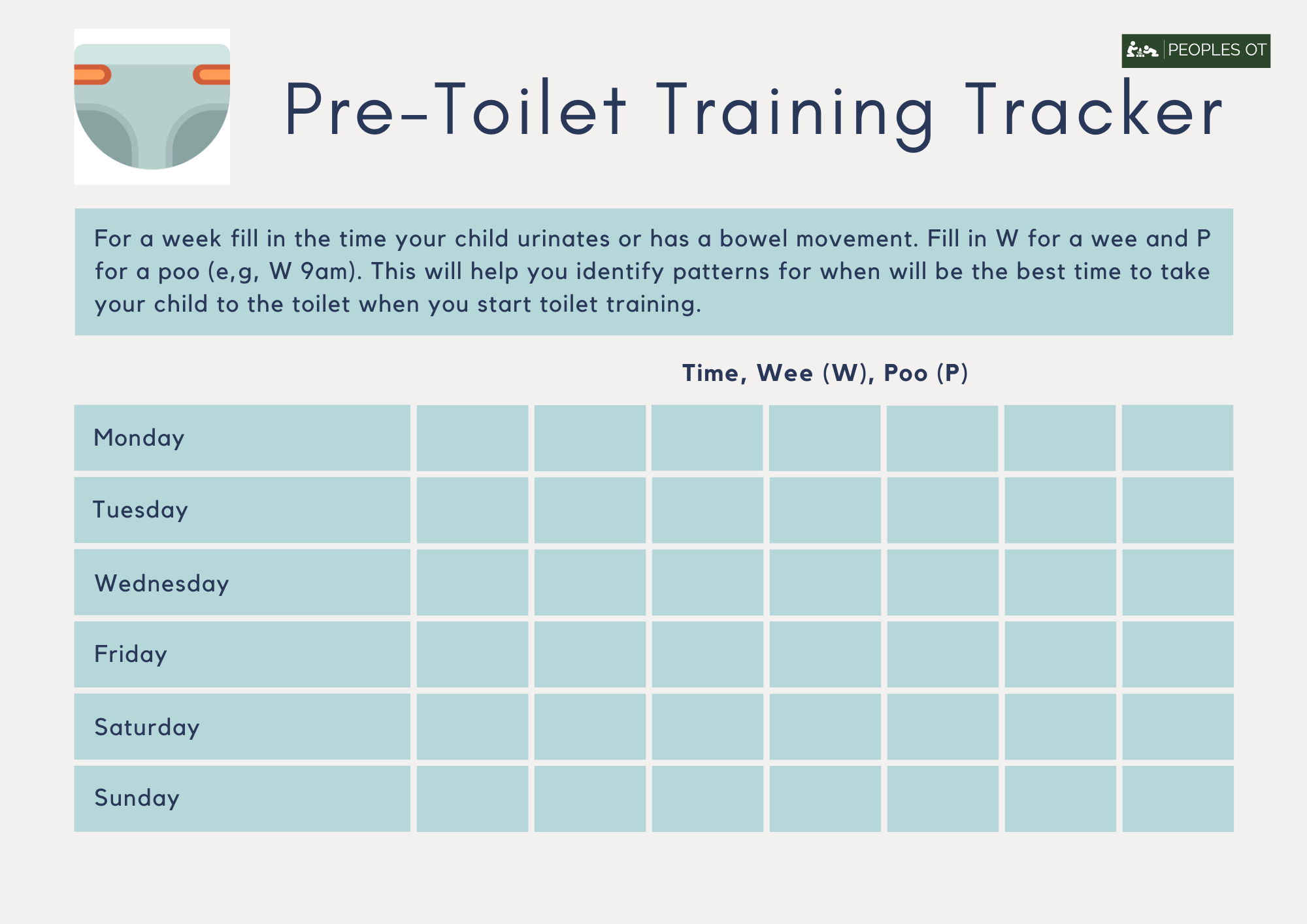 Pre-toilet training tracking planner