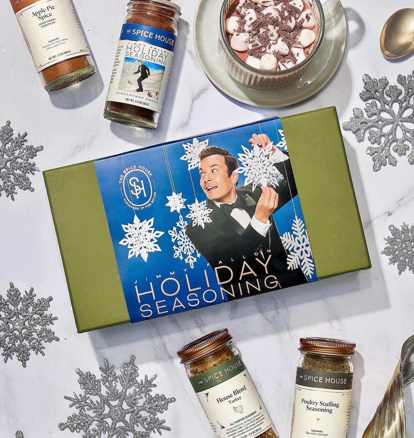 Tis the Seasoning for The Spice House x Jimmy Fallon.

Set includes a mix of holiday best seller&rsquo;s + the limited-edition Gingersnap Cocoa, a sweet and whimsical treat dreamed up by the late-night host and his two daughters.

Everything you need