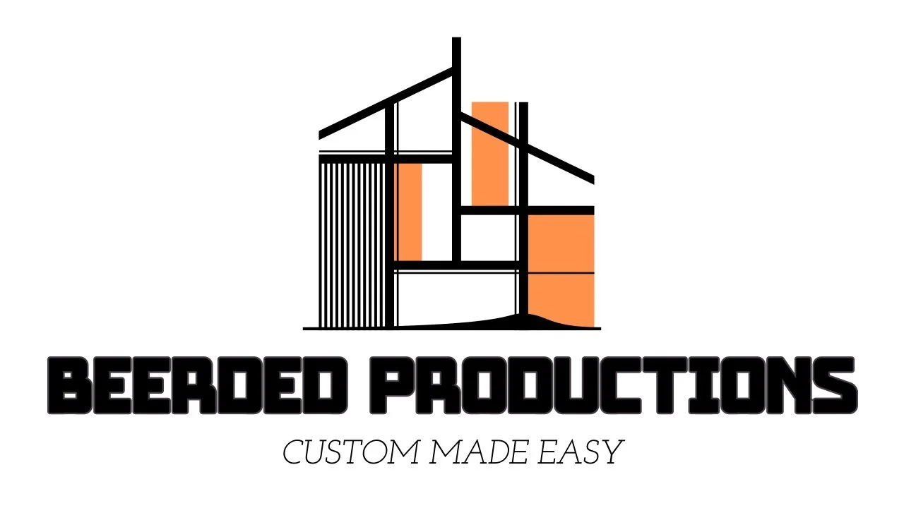 Logo for Bearded Productions featuring a stylized house outline with black and orange accents, and the text "Bearded Productions" in bold black font with the tagline "Custom Made Easy" in cursive underneath.