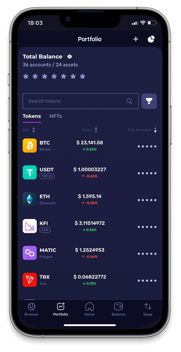 A smartphone screen with a Klever Wallet portfolio, including major blockchains