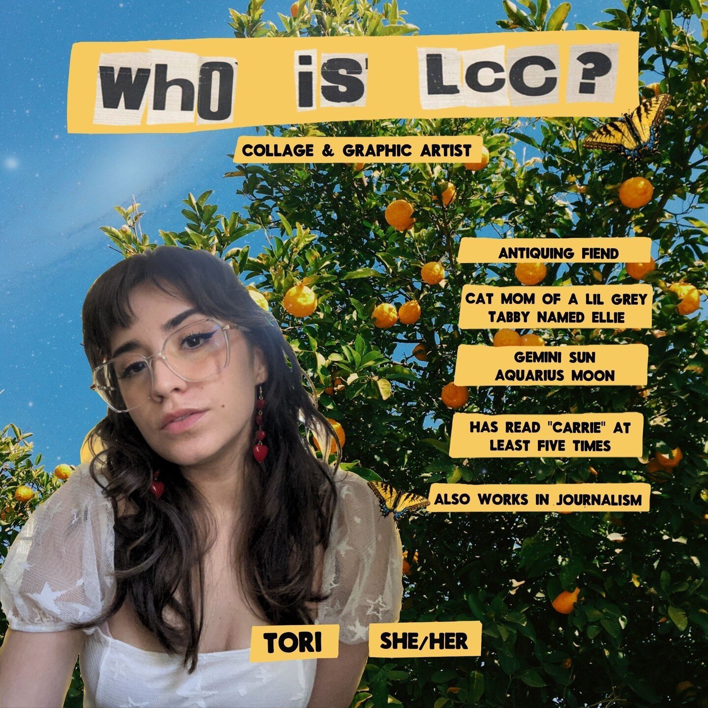 hello hello! it's been a while since introducing myself here. 💛 

for those of you who are new here or don't know me, i'm tori, the collage artist and graphic designer behind low culture committee. 👋 

i'm currently based out of nashville, tn &mdas