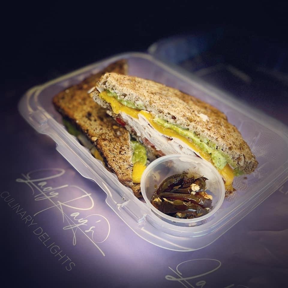 Turkey, Cheddar, Avocado on Whole Wheat with a heaping spread of our sweet heat Jommin' Jalapeños jelly