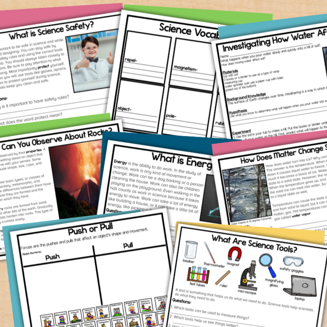 Three educational worksheets for young children, including activities like listening to sounds and writing them, identifying nouns at the beach, and modeling numbers with blocks.