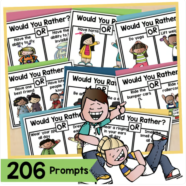 Would you rather questions and opinion writing prompts for 1st–3rd grade. Printable and digital this or that writing activities with sentence starters and engaging writing center ideas.