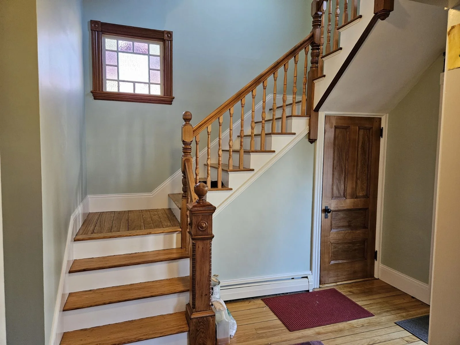 Staircase restoration project. Project included handrail and baluster repair, refinishing trim, windows, painting and drywall repair, handrail system refinishing, treads and risers. Portland 2023