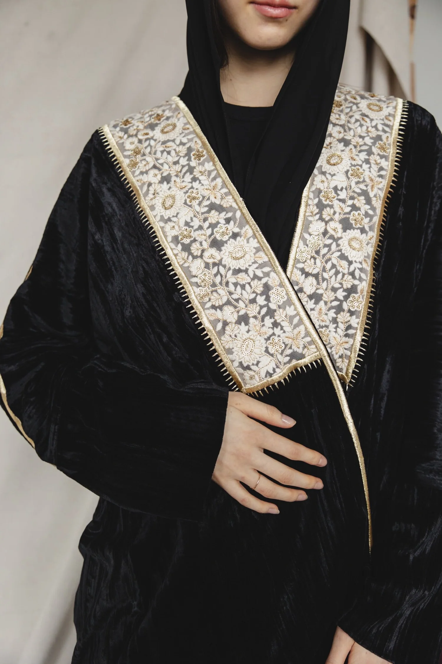 green emerald velvet dress Black-Gold Striped Designed Abaya – get cuty main image 1