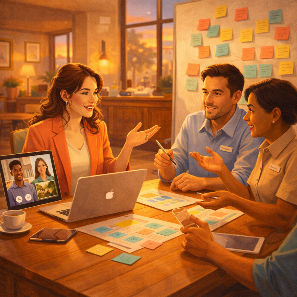 Facilitación híbrida de hospitalidad intencional con equipo de hotel boutique - sesión de co-diseño presencial y remota con facilitadora latina