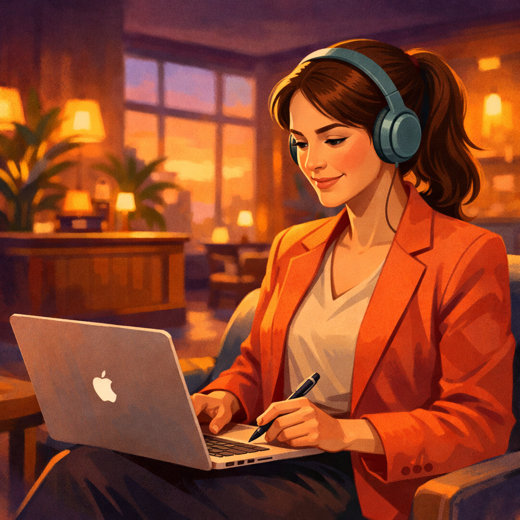 Hotelera profesional con audífonos escuchando podcast de hospitalidad mientras toma notas en laptop en lobby de hotel boutique