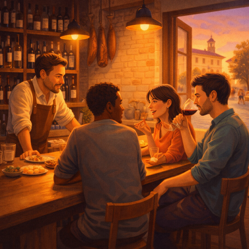 Viajeros slow travel conversando con bartender local en tapería española al atardecer, compartiendo momento auténtico de conexión cultural sobre tapas y vino