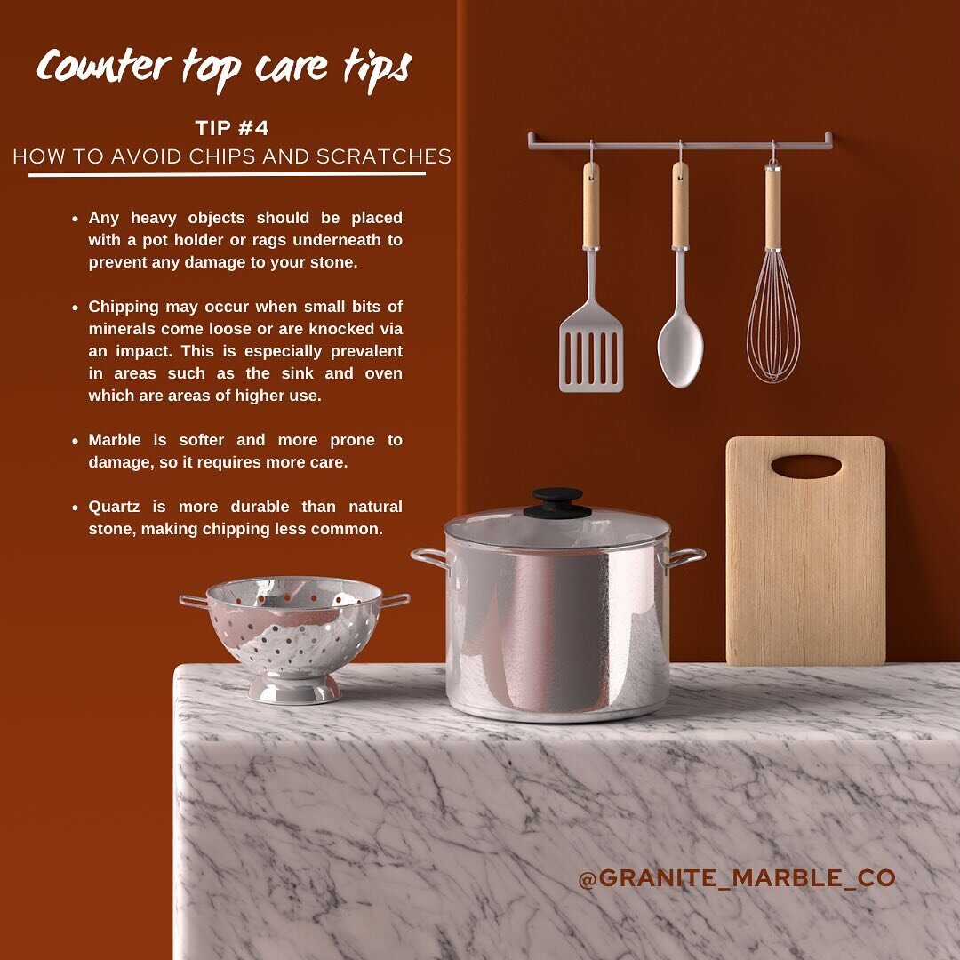 Countertop Care Tips ✨ Welcome to part 4 of a 4 part series! This will be our last care tip 🧼🧽🫧 of this month. However, keep your eyes open 👀 for another series soon.

Tip #4 - How to avoid chips and scratches 
Regardless of how careful you are, 