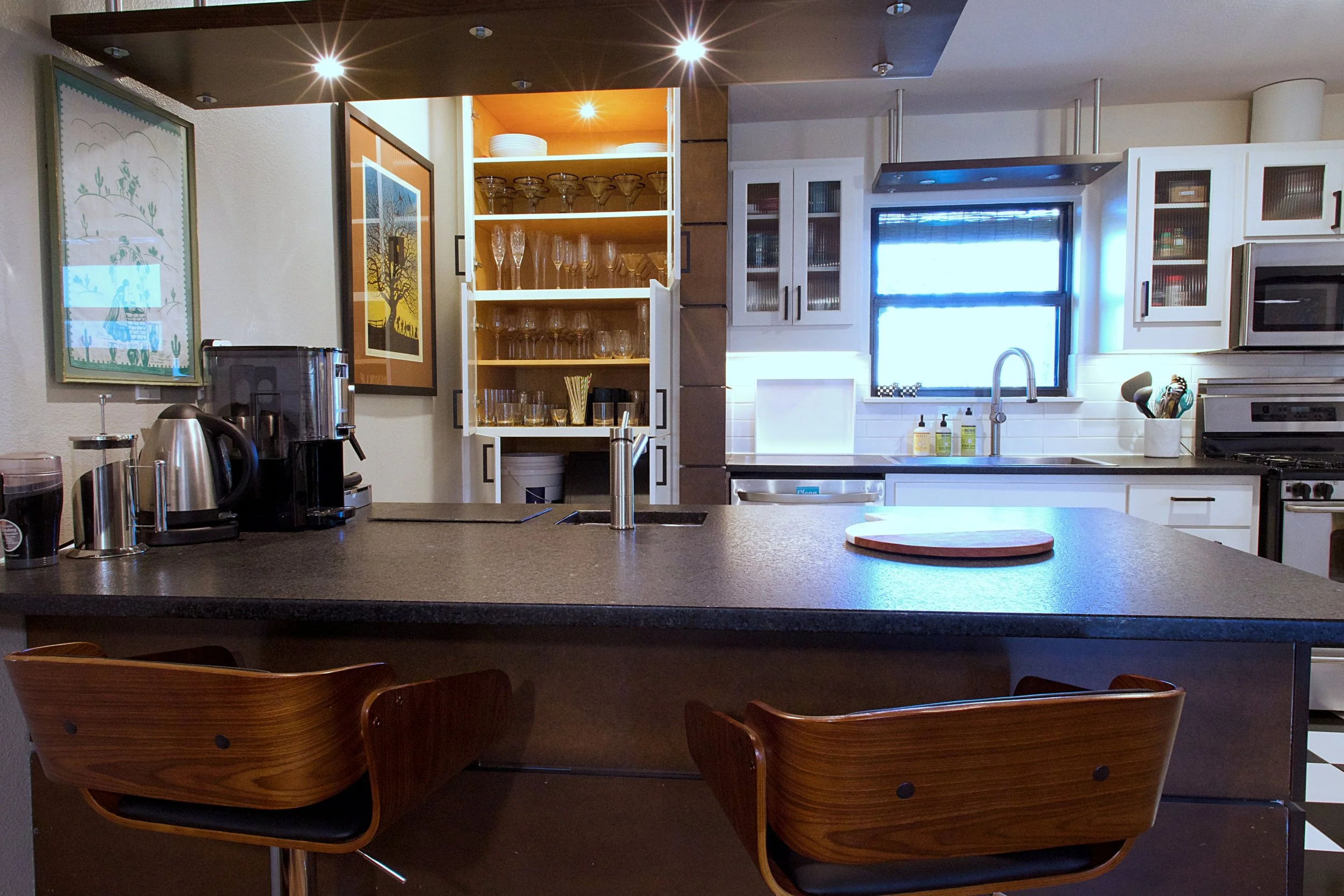 Wet Bar Area complete with Ice Maker, Wine & Beverage Refrigerator & Coffee Bar with Espresso Machine.
