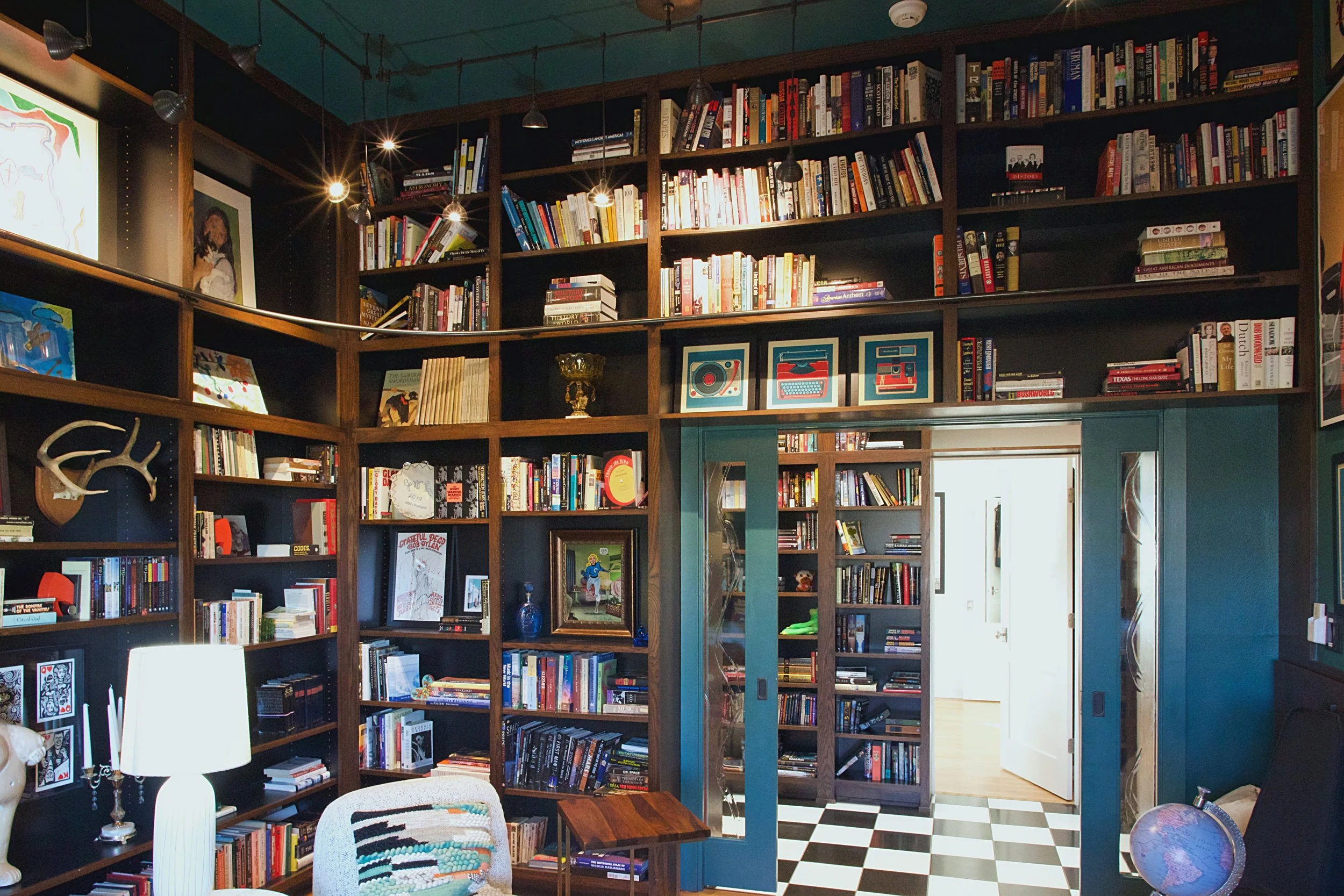 1st Floor Library with Glass Pocket Doors.