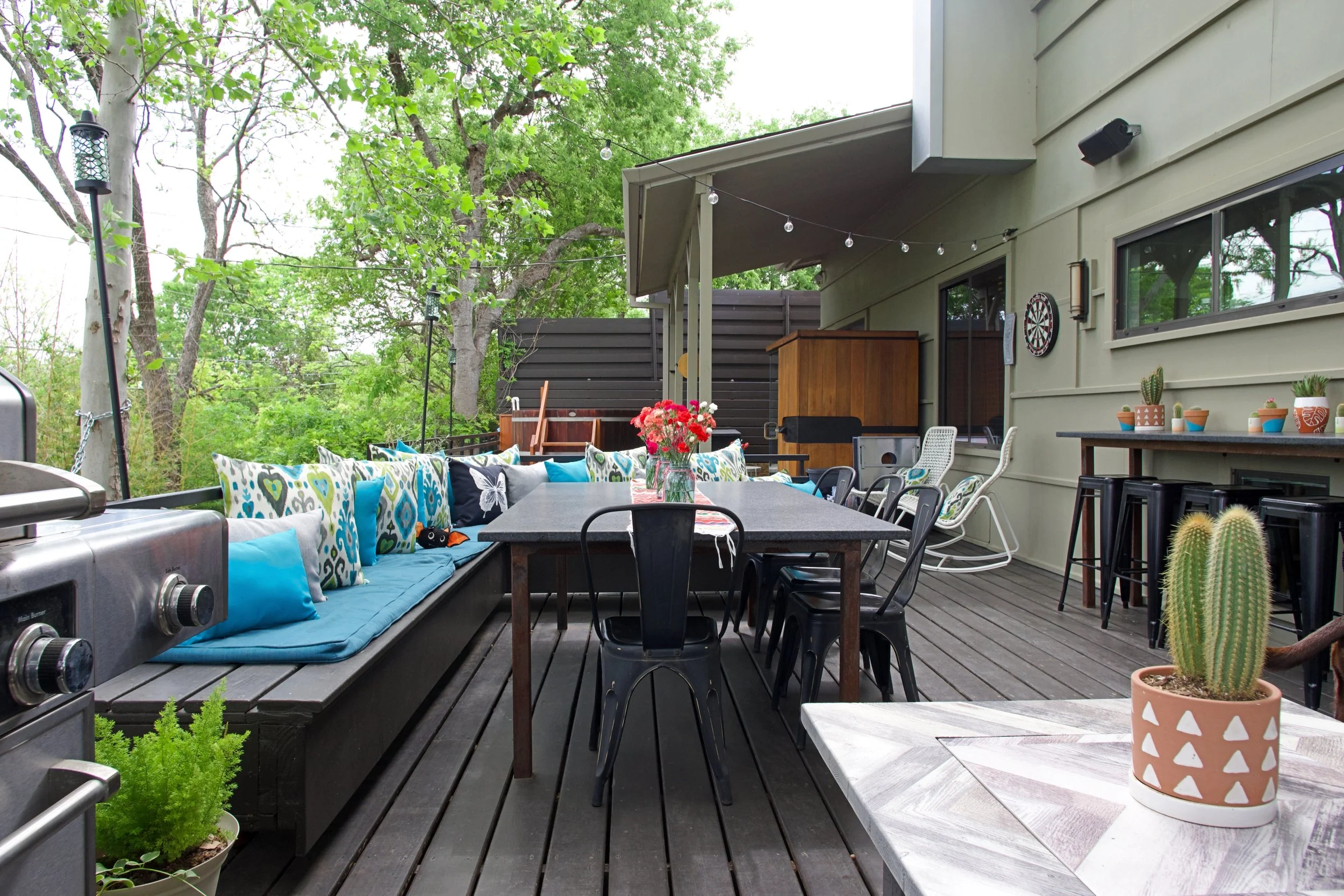 Back deck includes Gas Grill with Wet Bar, Fire Pit, Infared Sauna, Cedar Hot Tub, Outdoor Shower, Darts, Corn Hole along with multiple seating and lounging areas.