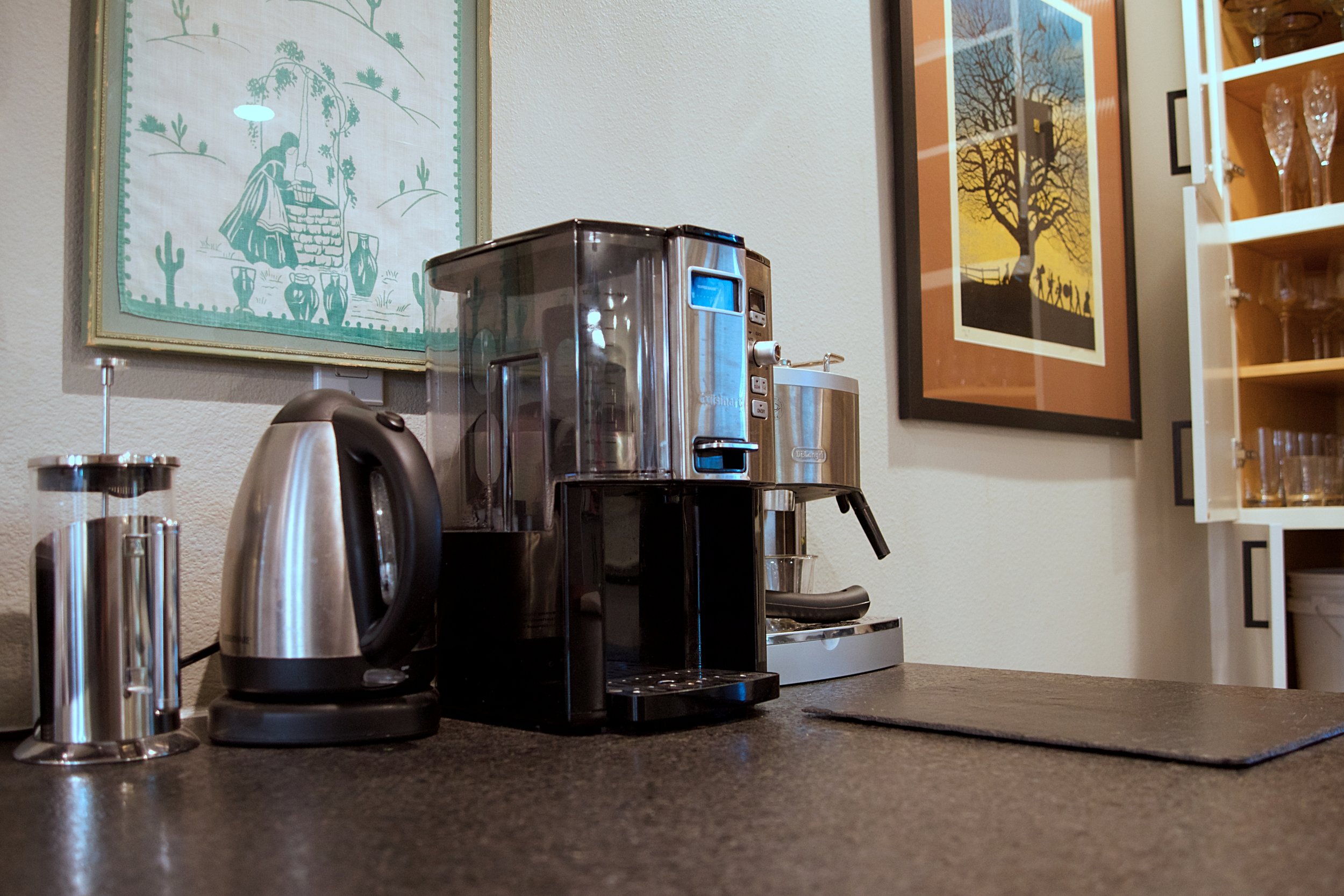 Coffee Maker, Coffee Grinder, Capaccino Maker, French Press and Electric Kettle.