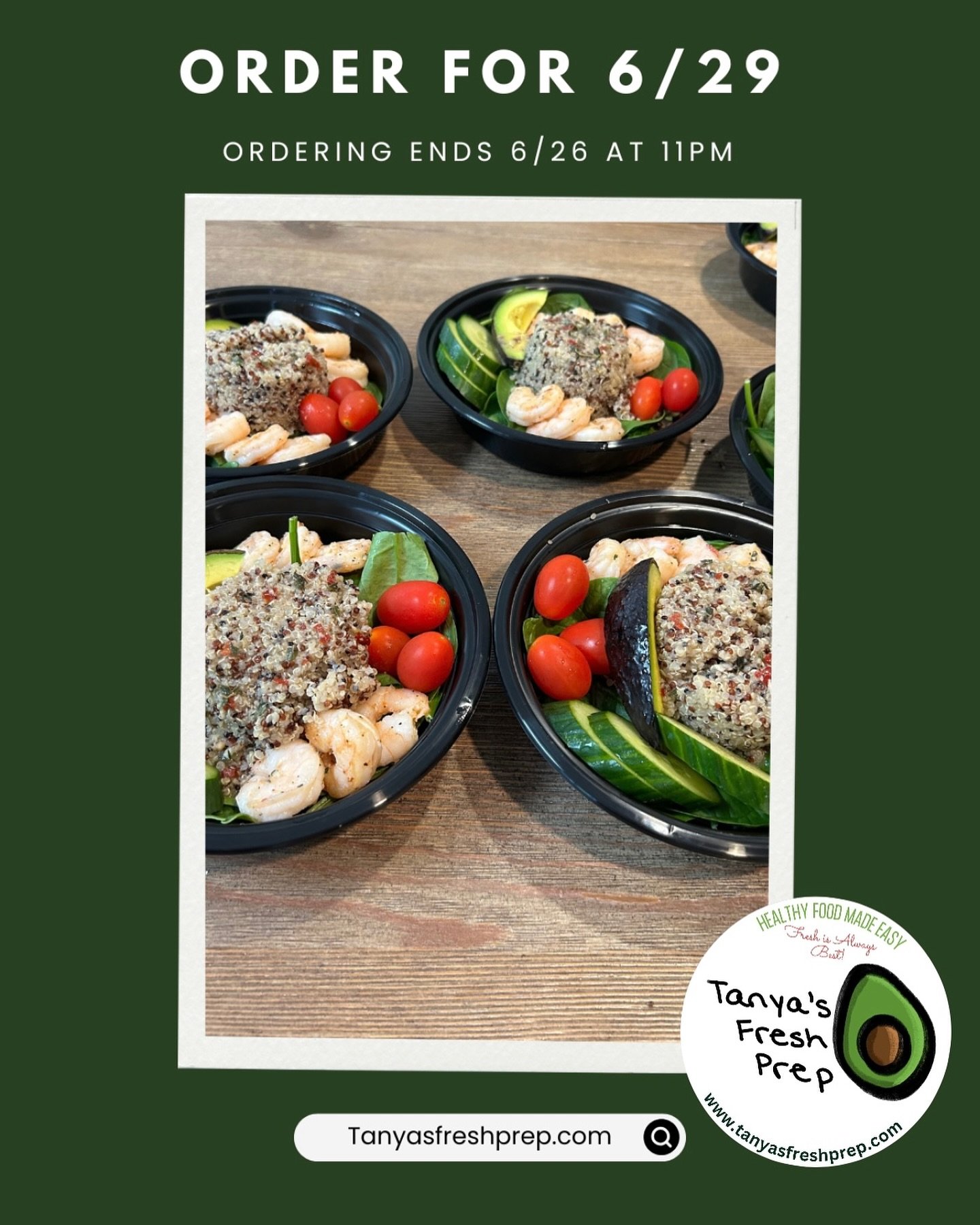 🥑HAVE YOU ORDERED?

✨Ordering ends tonight, 6/26, at 11 pm. Don&rsquo;t miss out on a week of fresh meals. Head to Tanyasfreshprep.com to order. 

💚Pickup or delivery on Sunday, June 29. 

&bull;LINK IN BIO&bull;

#MealPrepMadeEasy #HealthyEating #
