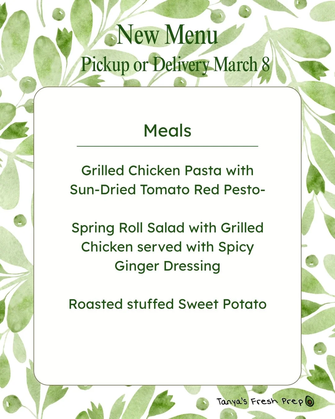 🌼Spring reminds us that growth takes time, nourishment, and care. Take some time to refocus your mind and set some goals for this season. Tanya&rsquo;s Fresh Prep is here to help you along the way.

🤩This week&rsquo;s menu is the perfect launch int
