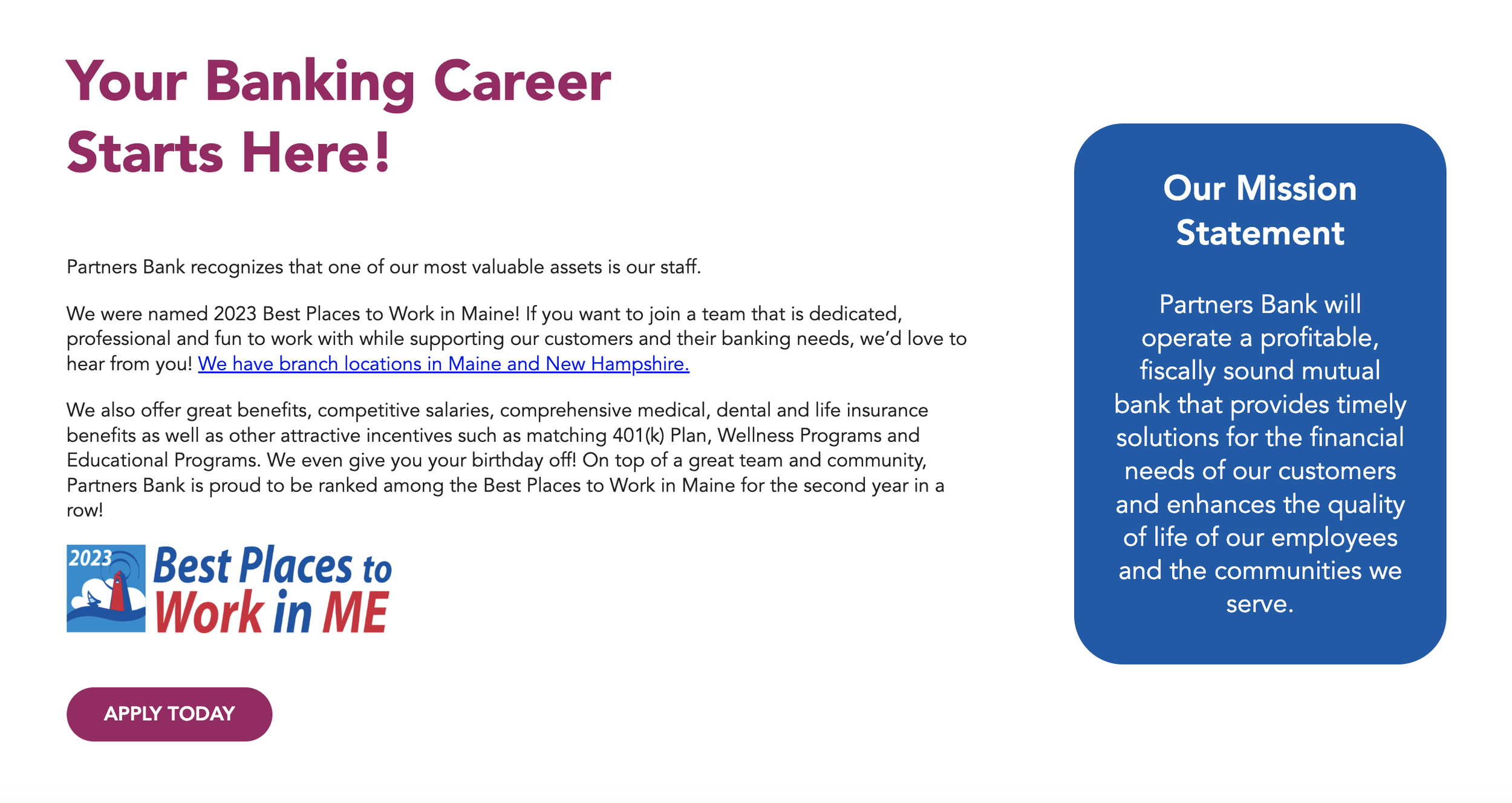 Partners Bank Career  landing page screenshot