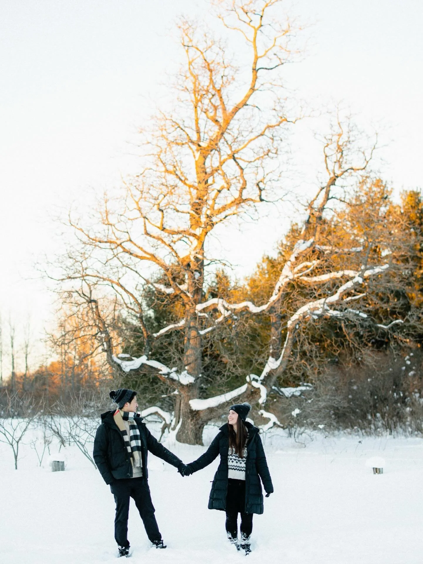Fresh powdery snow and golden sunshine painting the treetops, it was quite an adventure to trek through the deep snow for portraits with James and Kristen (and their pup Bruno). They ended with a quick snowball fight because why not?! So excited for 
