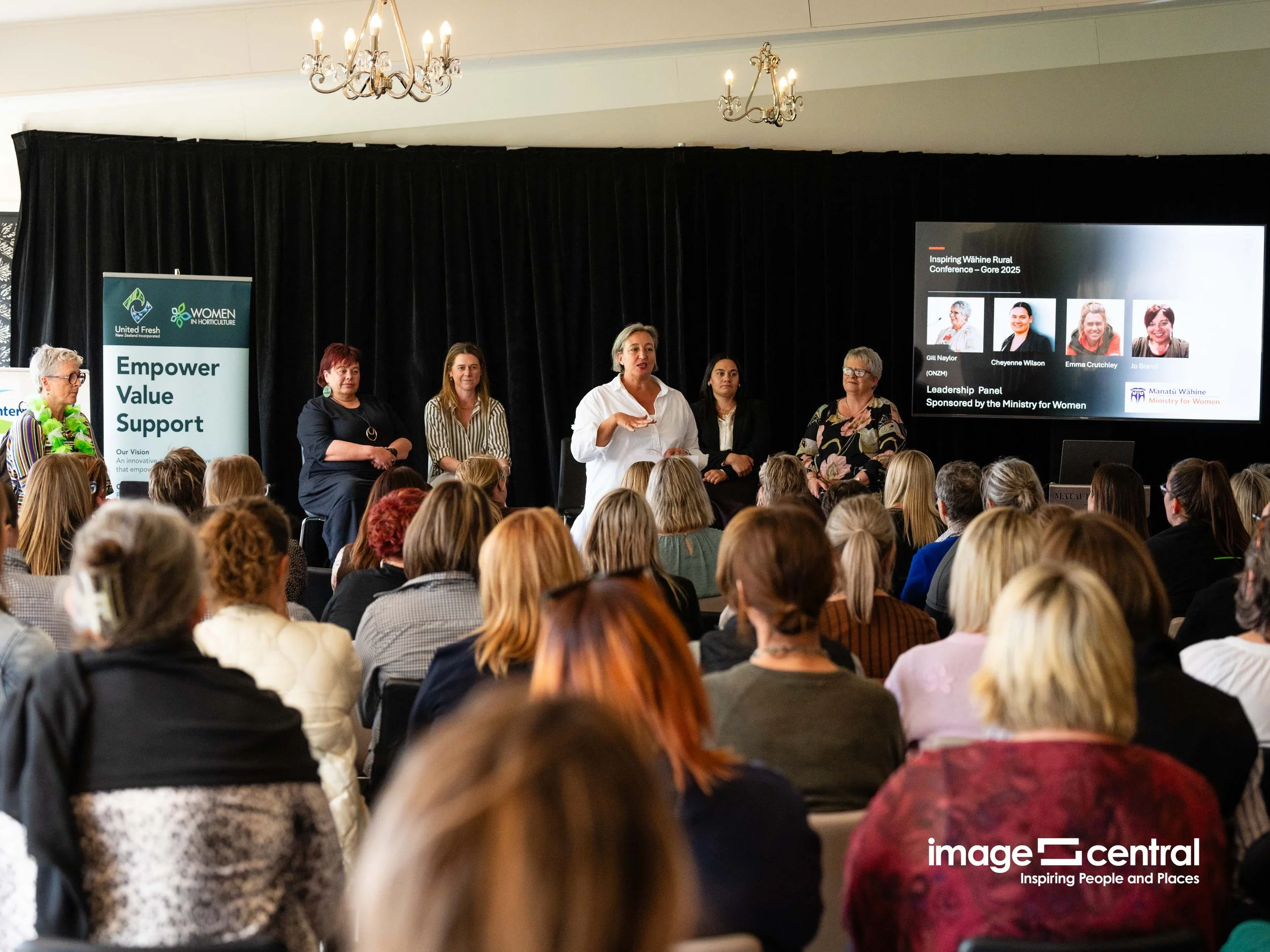 Leadership panel sponsored by the Ministry of Women MC's by Jo Cribb and Shane Collins. Inspiring Wahine Conference 15-17 October 2025.  Gore, Southland Croydon Lodge, © Copyright images Clare Toia-Bailey / www.image-central.co.nz