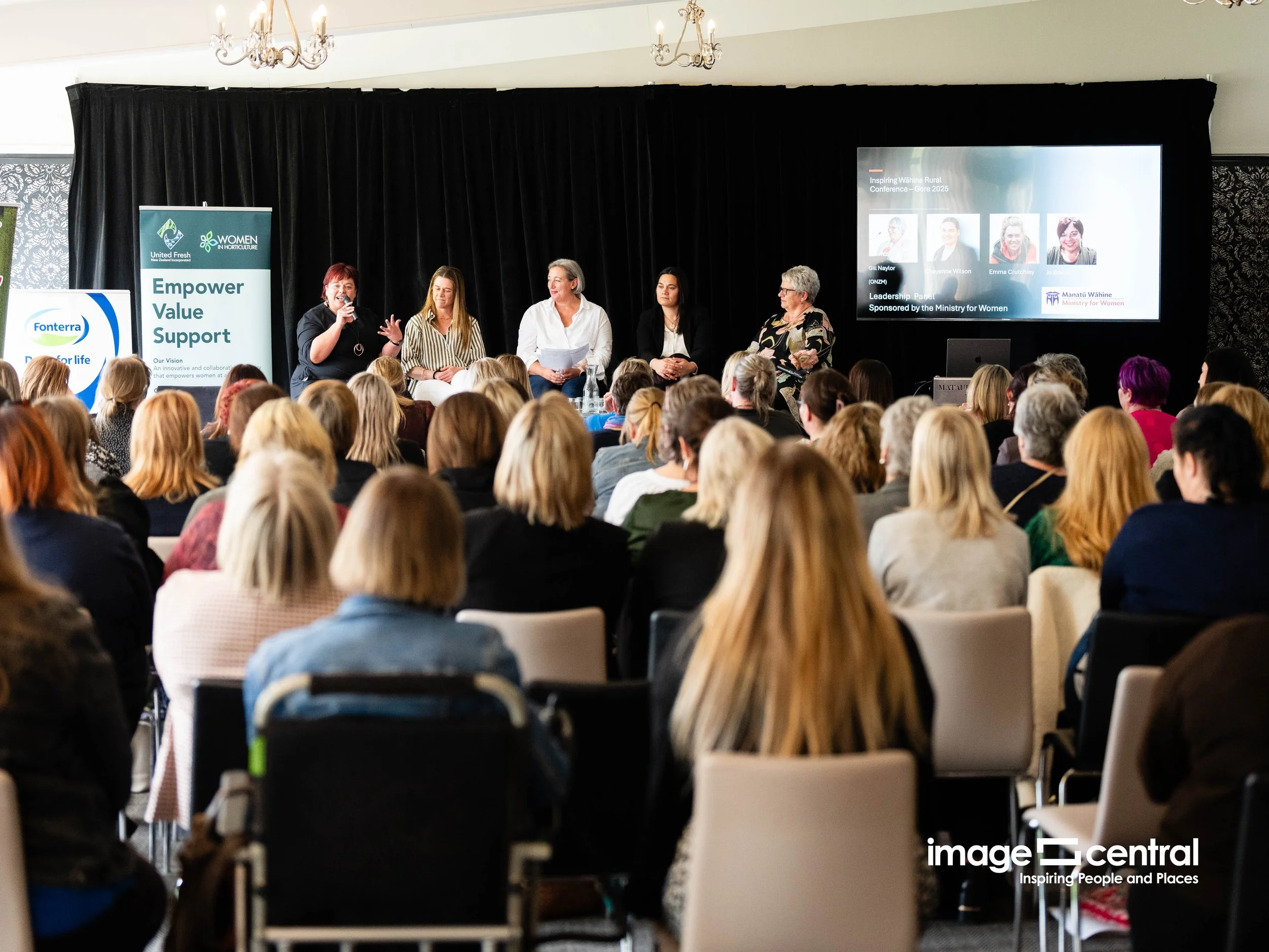 Leadership panel sponsored by the Ministry of Women MC's by Jo Cribb and Shane Collins. Inspiring Wahine Conference 15-17 October 2025.  Gore, Southland Croydon Lodge, © Copyright images Clare Toia-Bailey / www.image-central.co.nz
