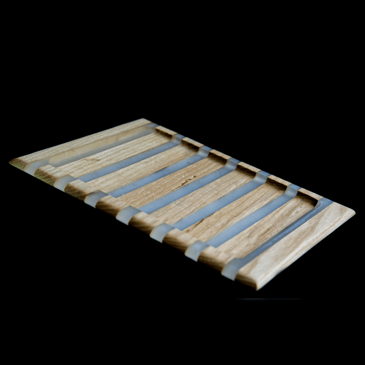 Bespoke epoxy and Ash handmade wooden tray with horizontal stripes