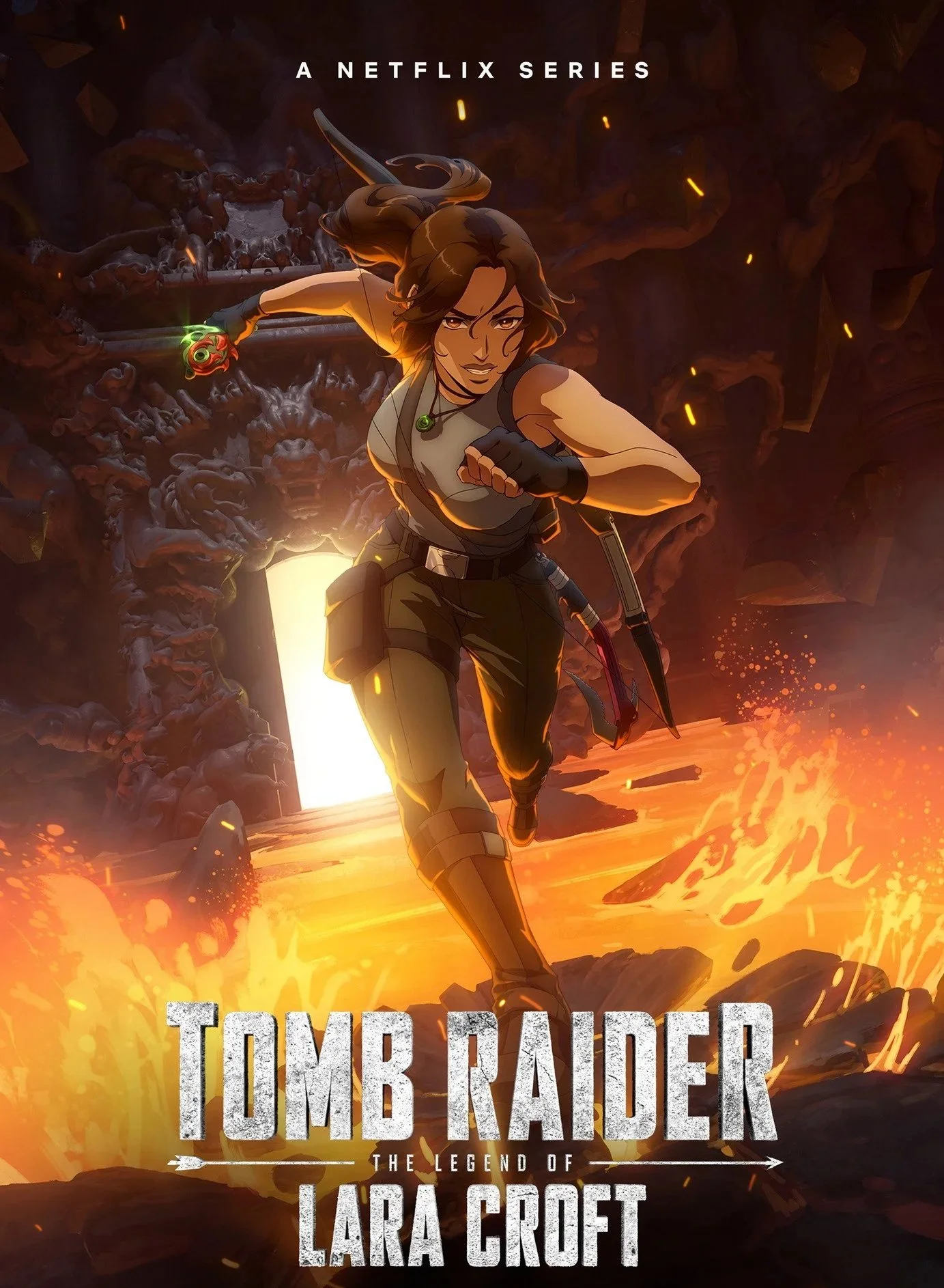 Promotional poster for the Netflix series 'Tomb Raider: The Legend of Lara Croft' featuring Lara Croft running through a fiery underground tunnel with weapons in her hands.