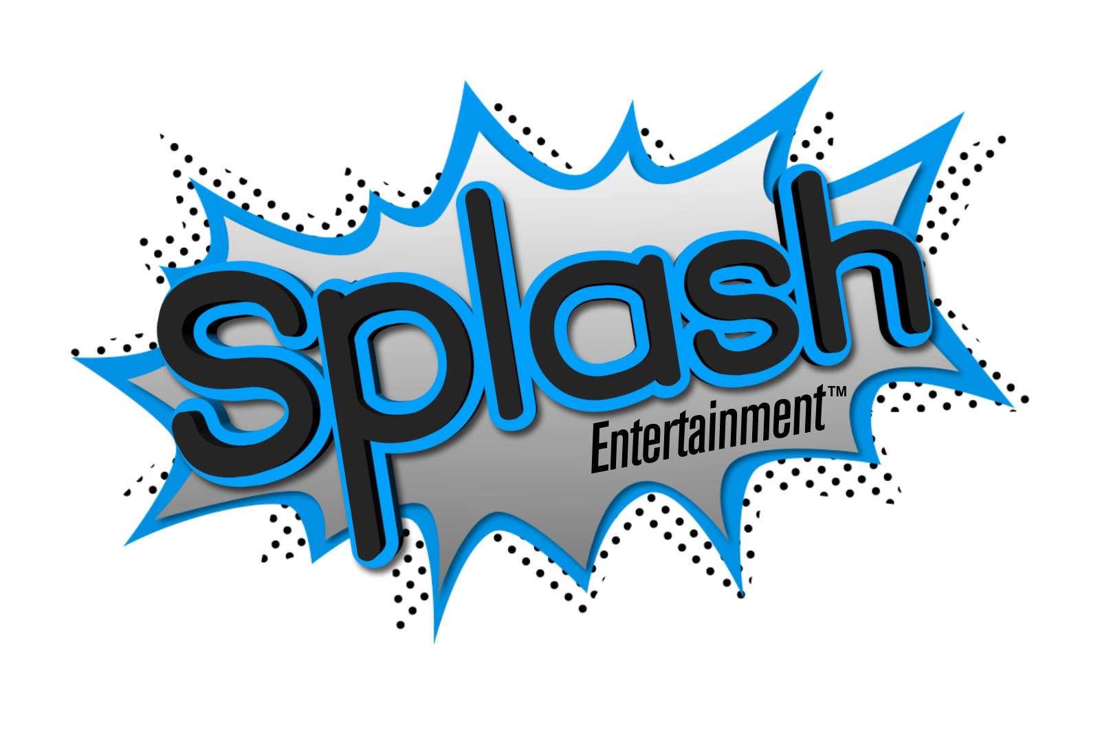 Splash Entertainment logo with the word 'splash' in black and blue, surrounded by a comic-style splash design in gray, blue, and pink accents.