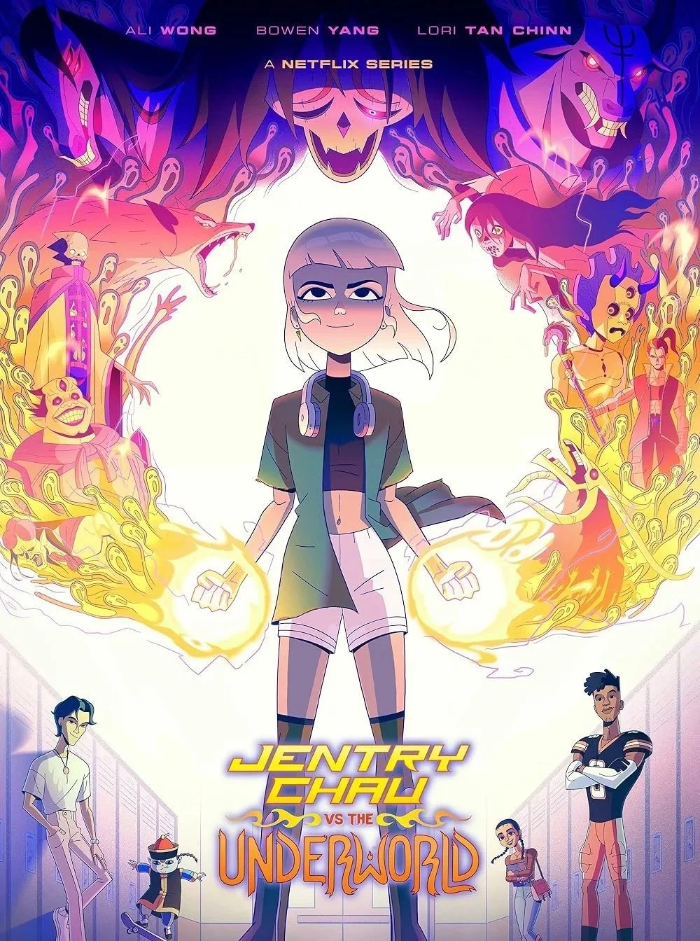 Posters for the animated Netflix series 'Jentry Chow vs. the Underworld,' featuring a young girl with short light hair, standing with fists clenched, surrounded by various supernatural and animated characters and creatures with vivid colors and dynamic action poses.