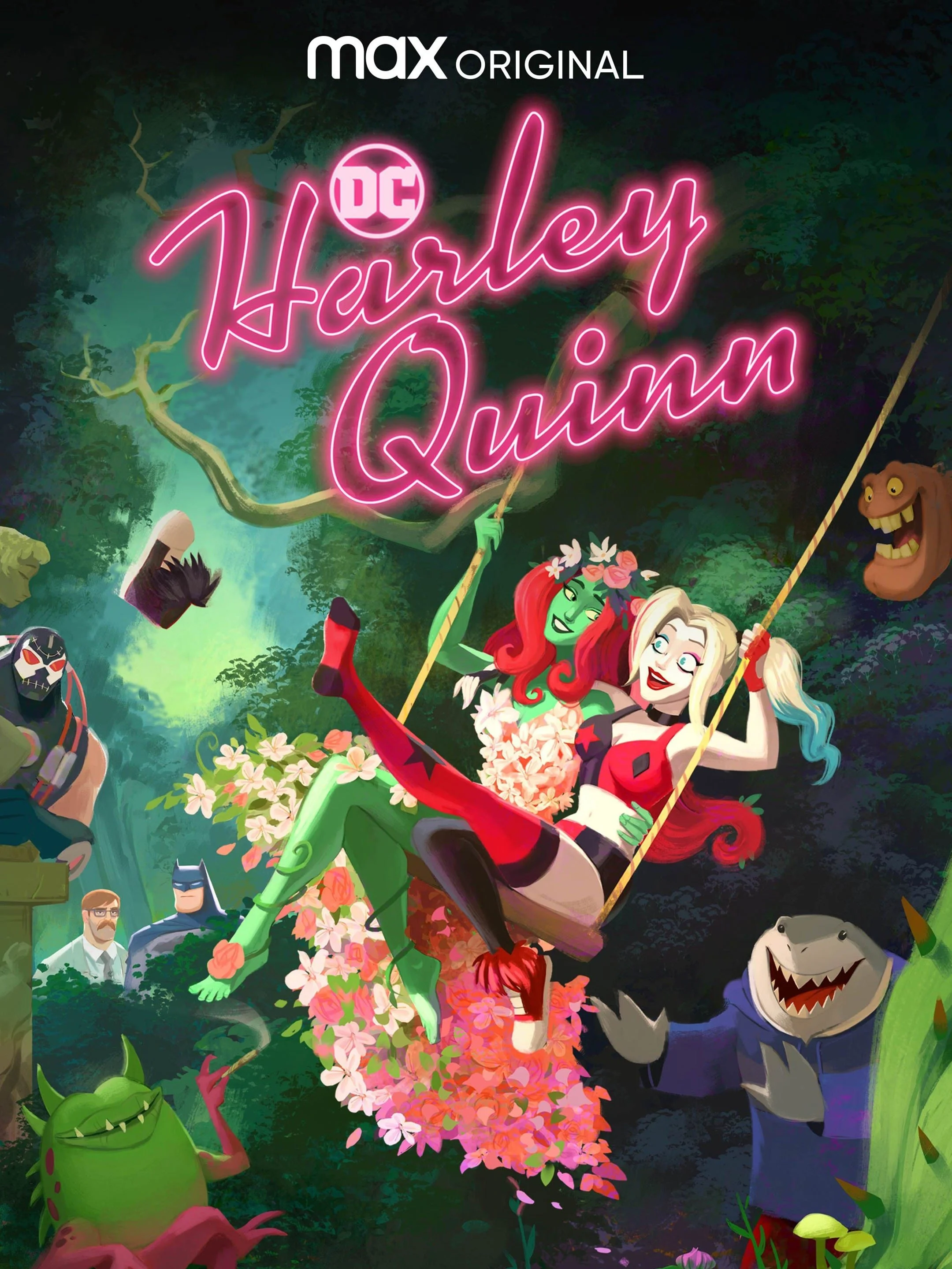 Colorful animated poster for 'DC Harley Quinn' featuring Harley Quinn and Poison Ivy on a swing in a forest, surrounded by various cartoon villains including Killer Croc, Bane, and others.
