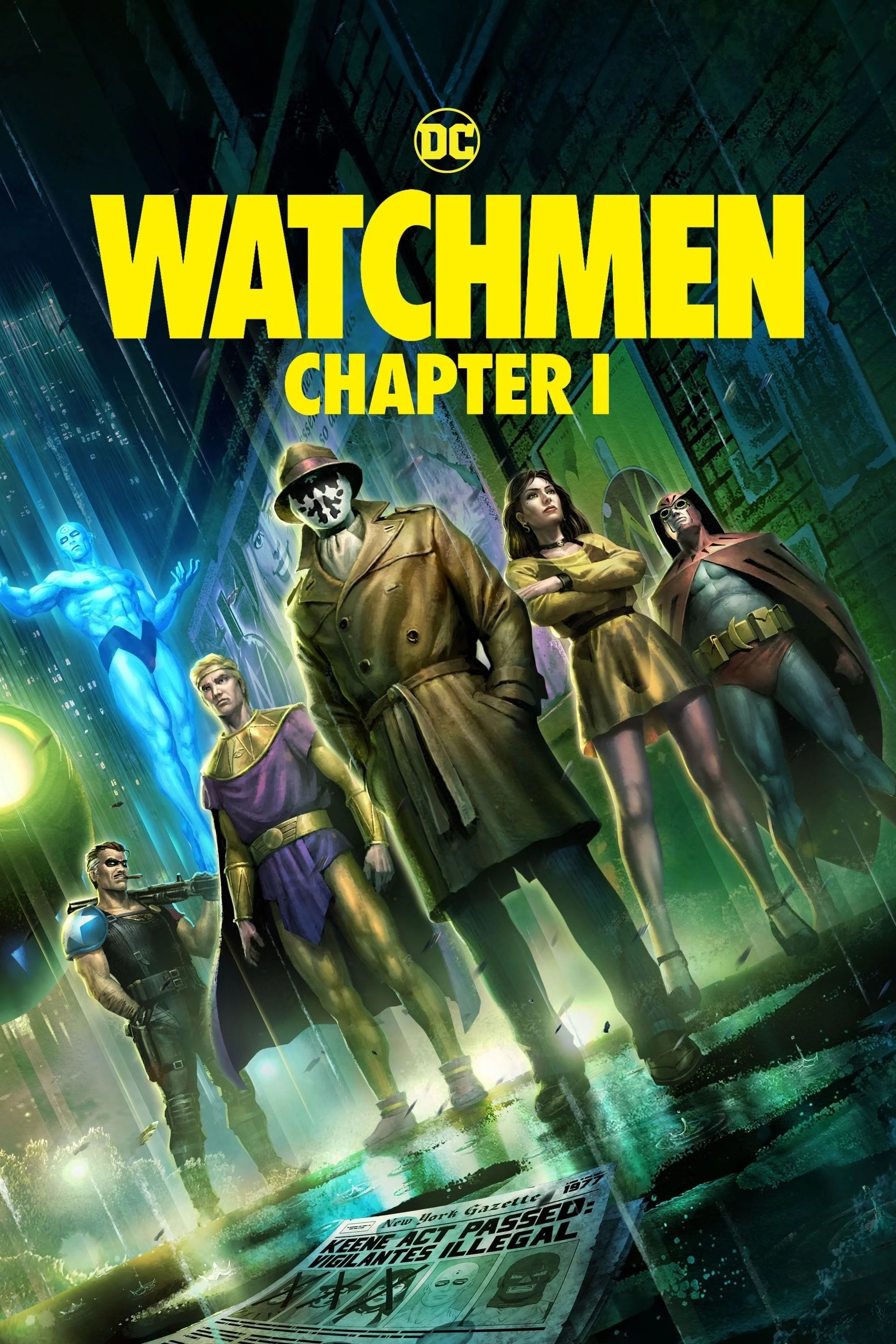 Cover art for Watchmen, Chapter I, showing a group of diverse characters in a city street with a futuristic and comic book style, including a blue glowing figure, a person in a trench coat and mask, and others in superhero costumes.