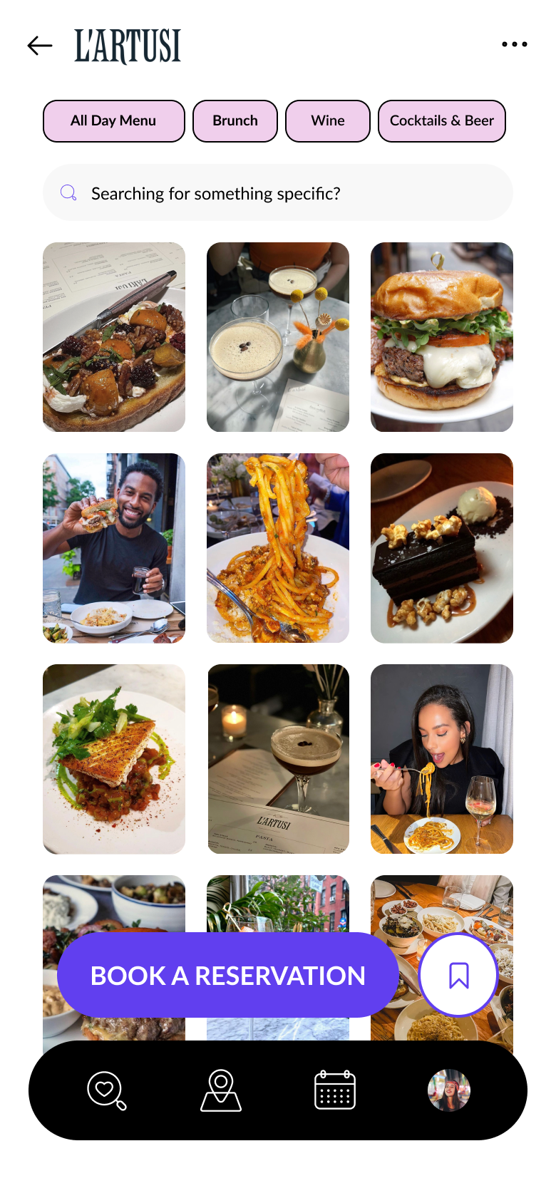 This is the "view all" page that made it easy to go back to the restaurant details and had sticky "Book a Reservation" and "bookmark" buttons as calls to action to the user.