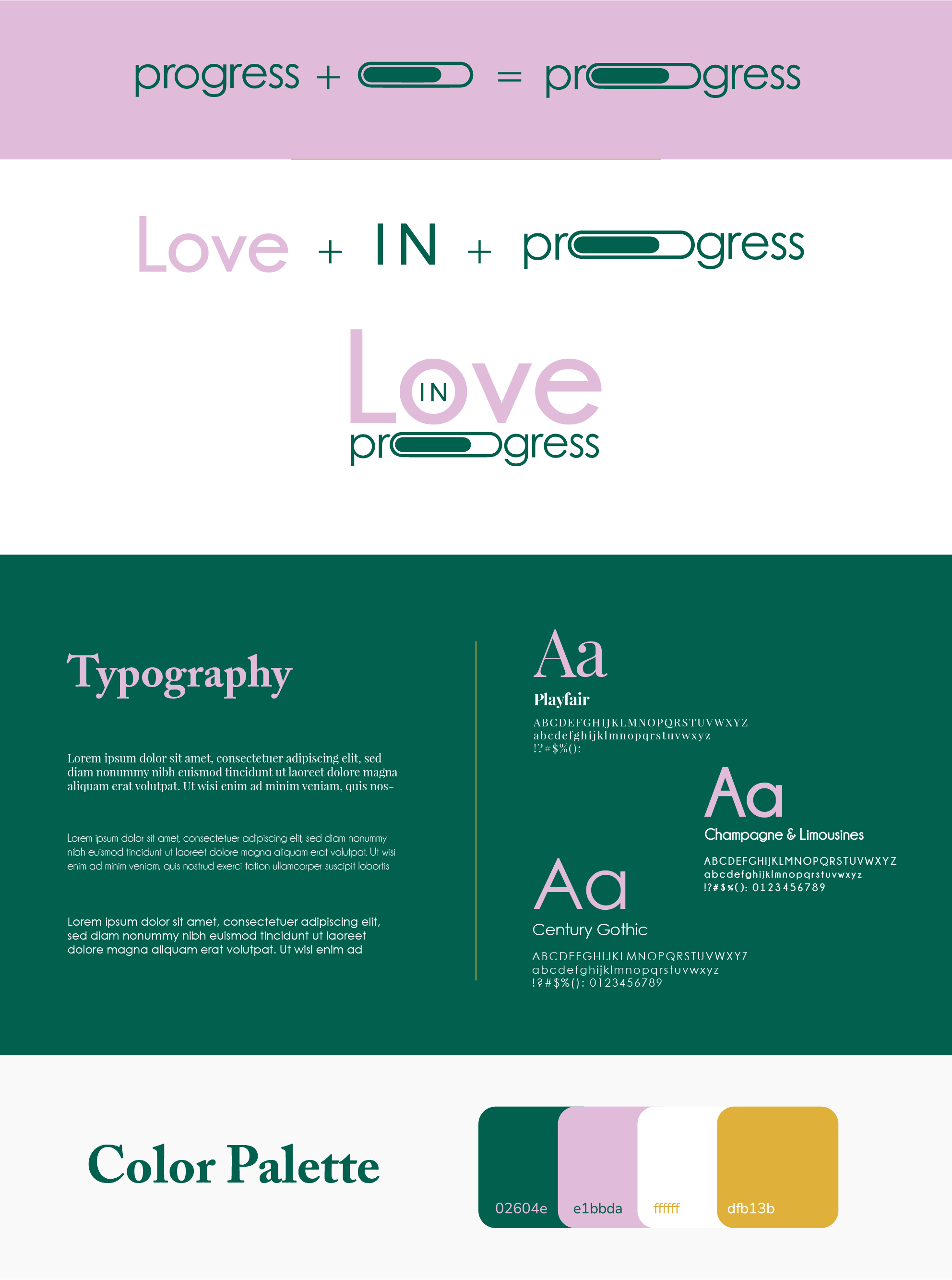 Graphic showing the word 'progress' with a progress bar, combined with 'love' and 'in' to form the phrase 'love in progress,' along with typography details, font styles, color palette, and sample text for three fonts: Playfair, Champagne & Limousines, and Century Gothic.