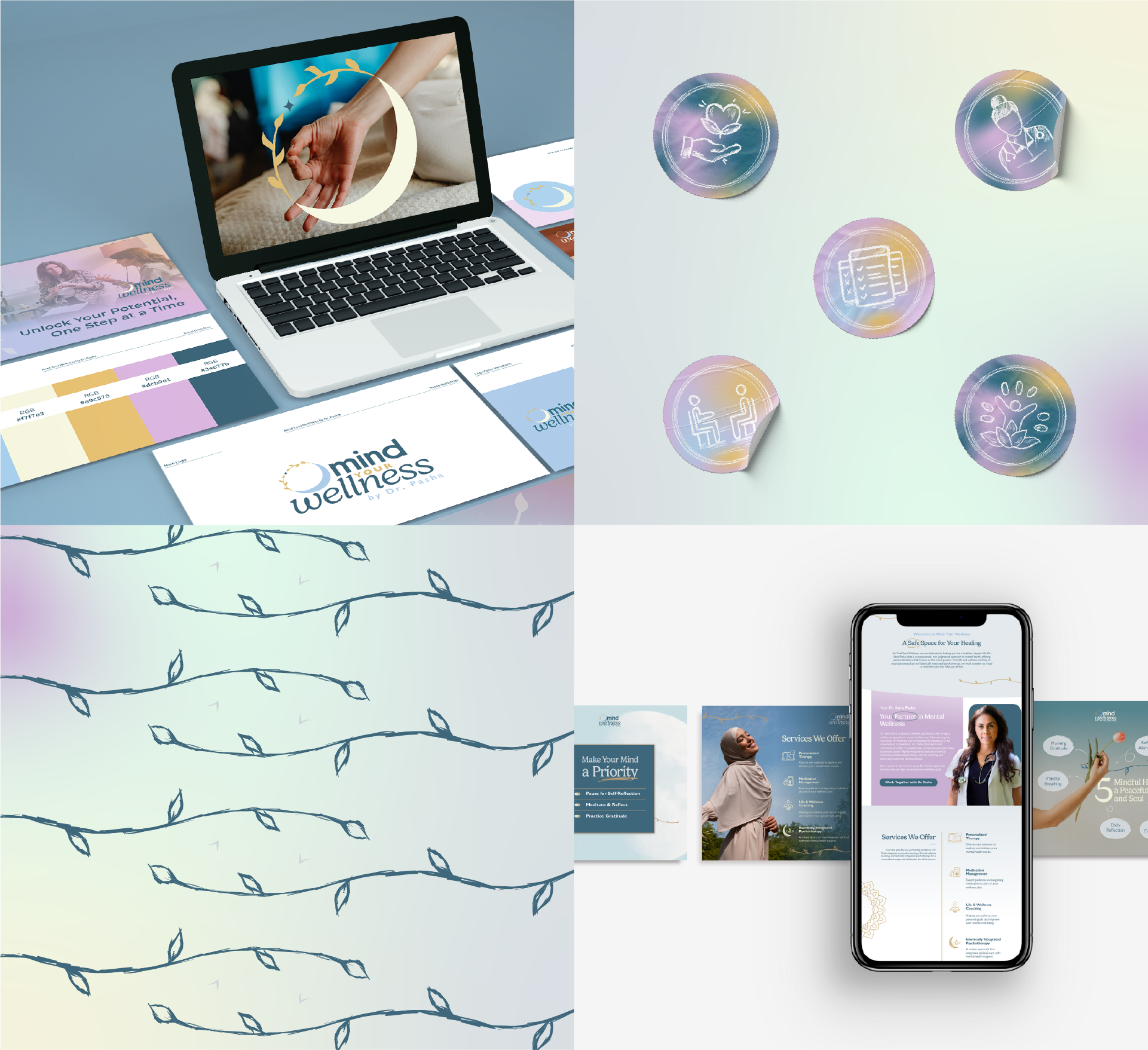 Collage of wellness and mental health themed images, including a laptop with a mindfulness website, six circular icons representing various wellness activities, illustrated string lights, and a smartphone displaying wellness service information.
