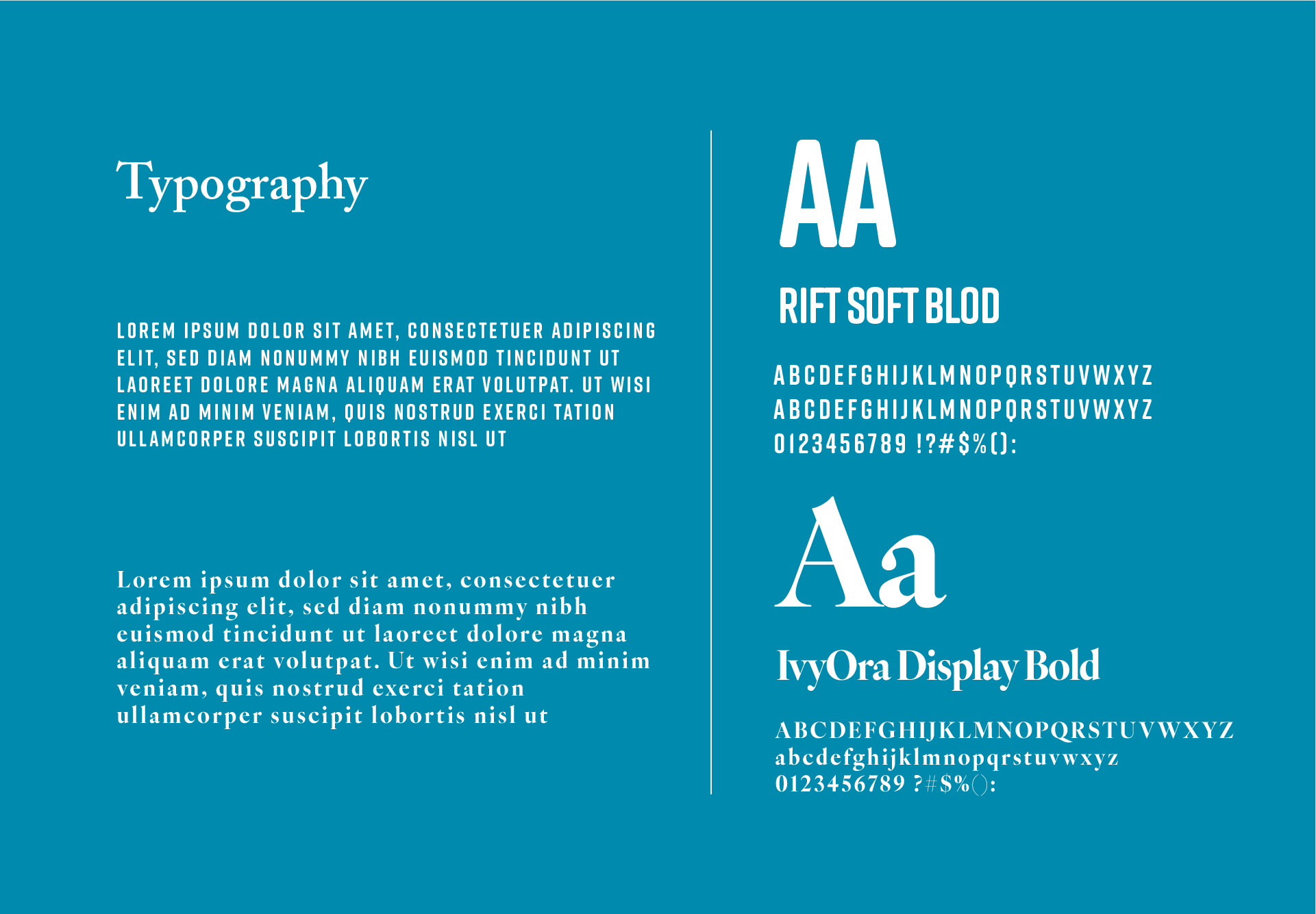 A presentation slide showing typography examples. The slide is divided into two sections: the left section has a blue background with white placeholder text about typography; the right section displays different fonts, including 'Rift Soft Blod' and 'IvyOra Display Bold,' with sample alphabets, numbers, and special characters, all on a blue background.